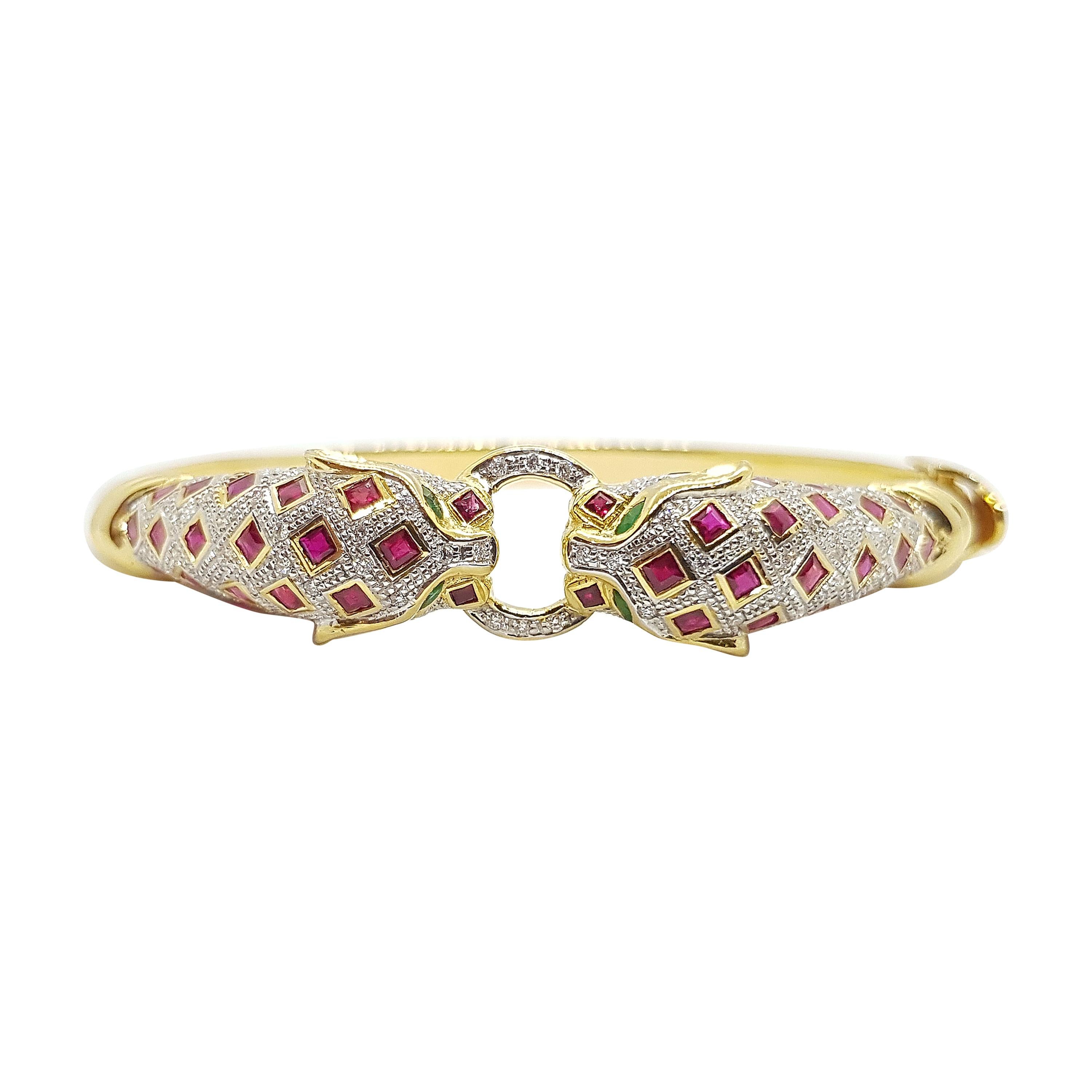 Ruby with Emerald and Diamond Panther Bangle Set in 18 Karat Gold Settings