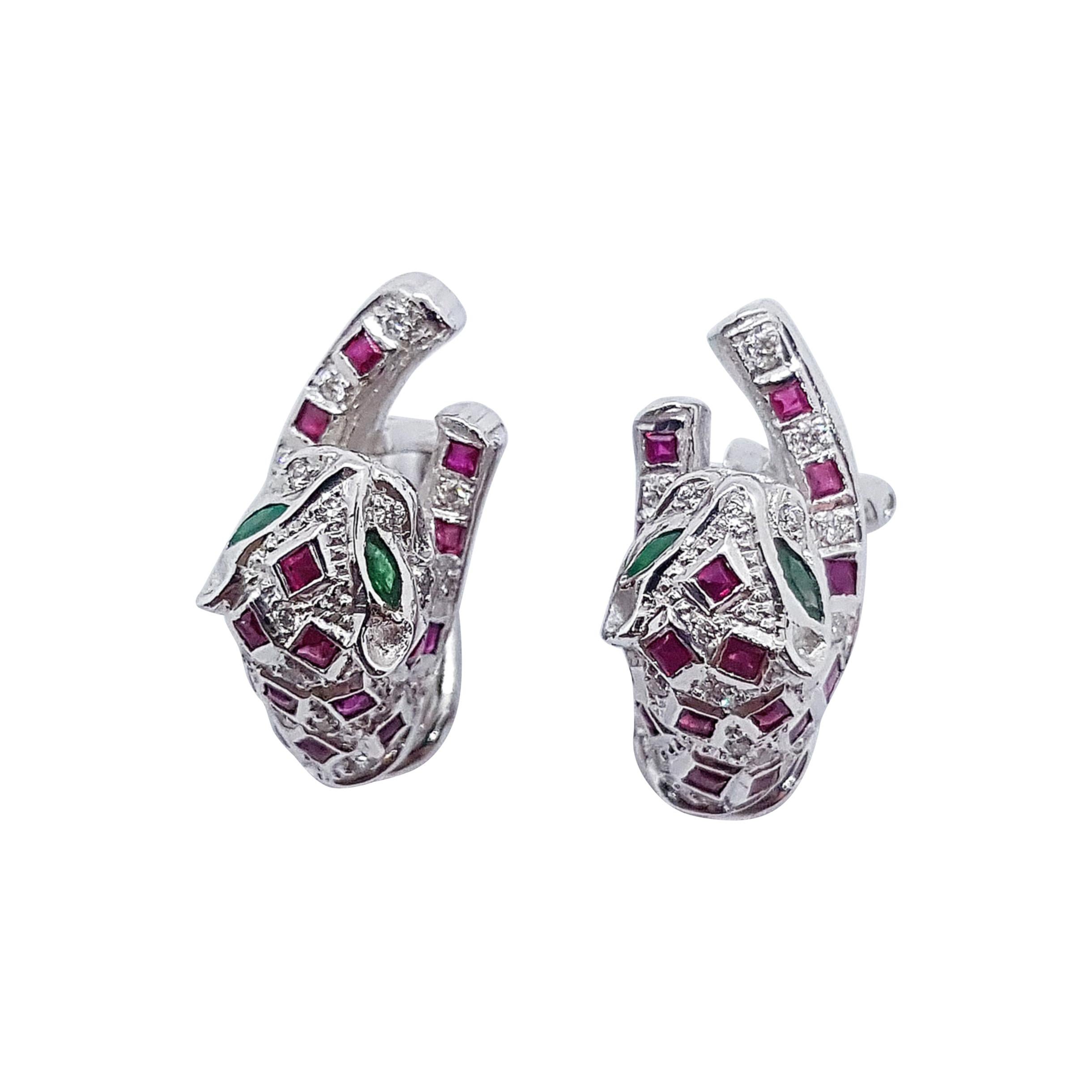 Ruby with Emerald and Diamond Panther Earrings Set in 18k White Gold Settings