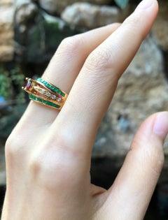 Ruby with Emerald and Diamond Ring Set in 18 Karat Gold Settings