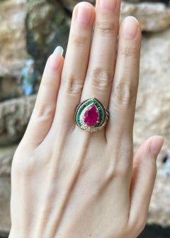 Ruby with Emerald, Blue Sapphire and Diamond Ring set in 18K Gold Settings