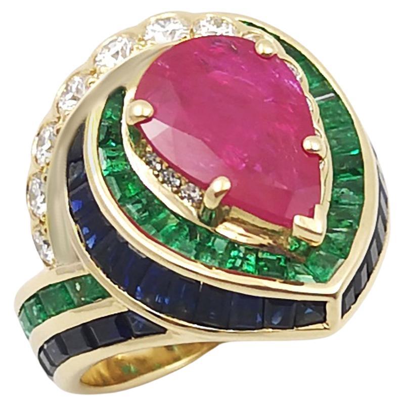 Ruby with Emerald, Blue Sapphire and Diamond Ring set in 18K Gold Settings For Sale