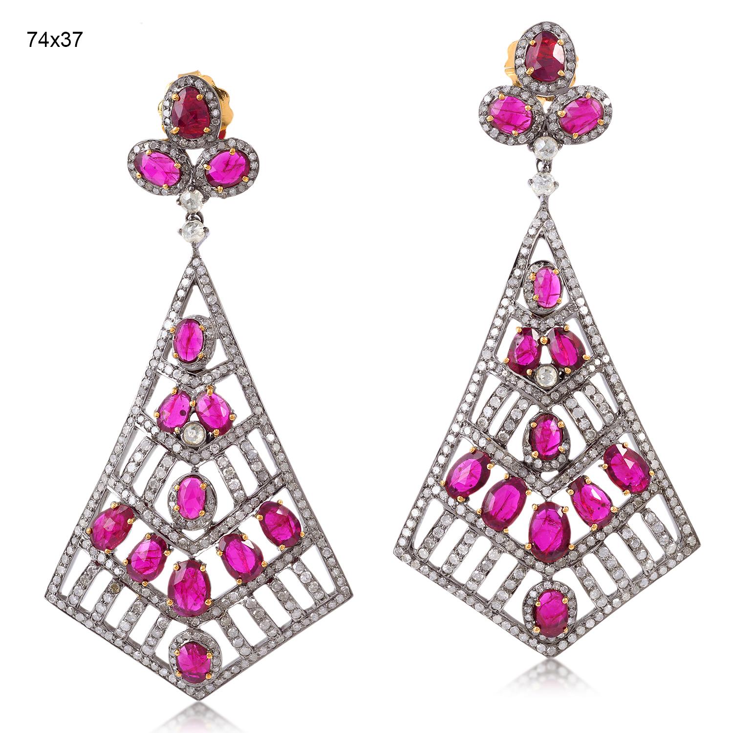 Round Cut Ruby with Pave Diamond Dangle Earring Made in 18k Gold & Silver For Sale