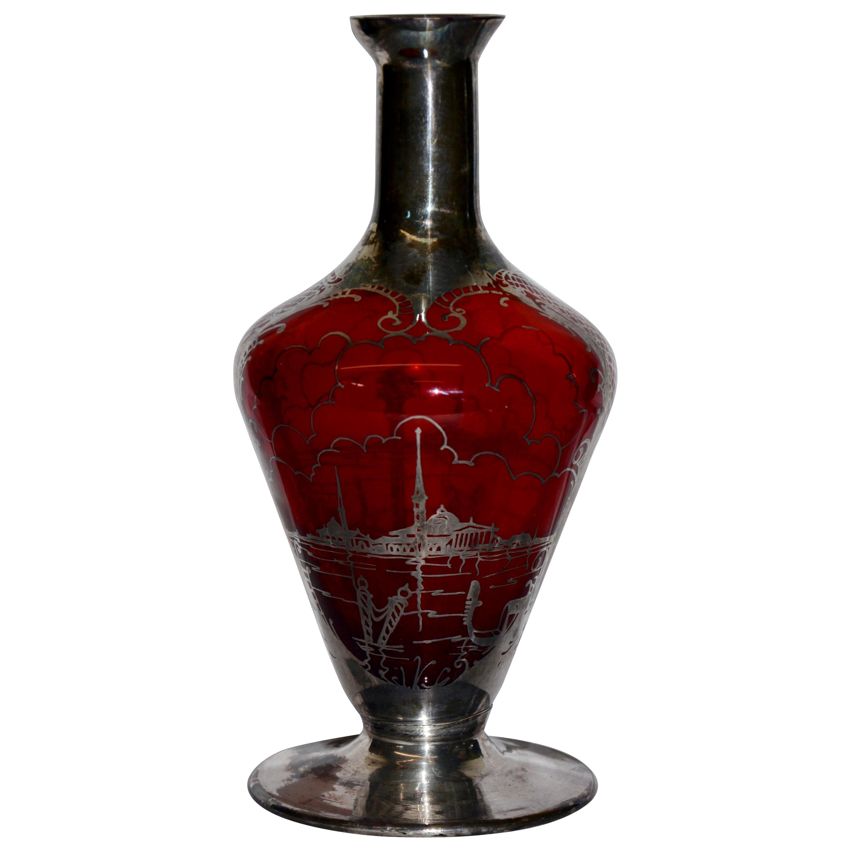 Ruby with Silver Overlay Vase For Sale