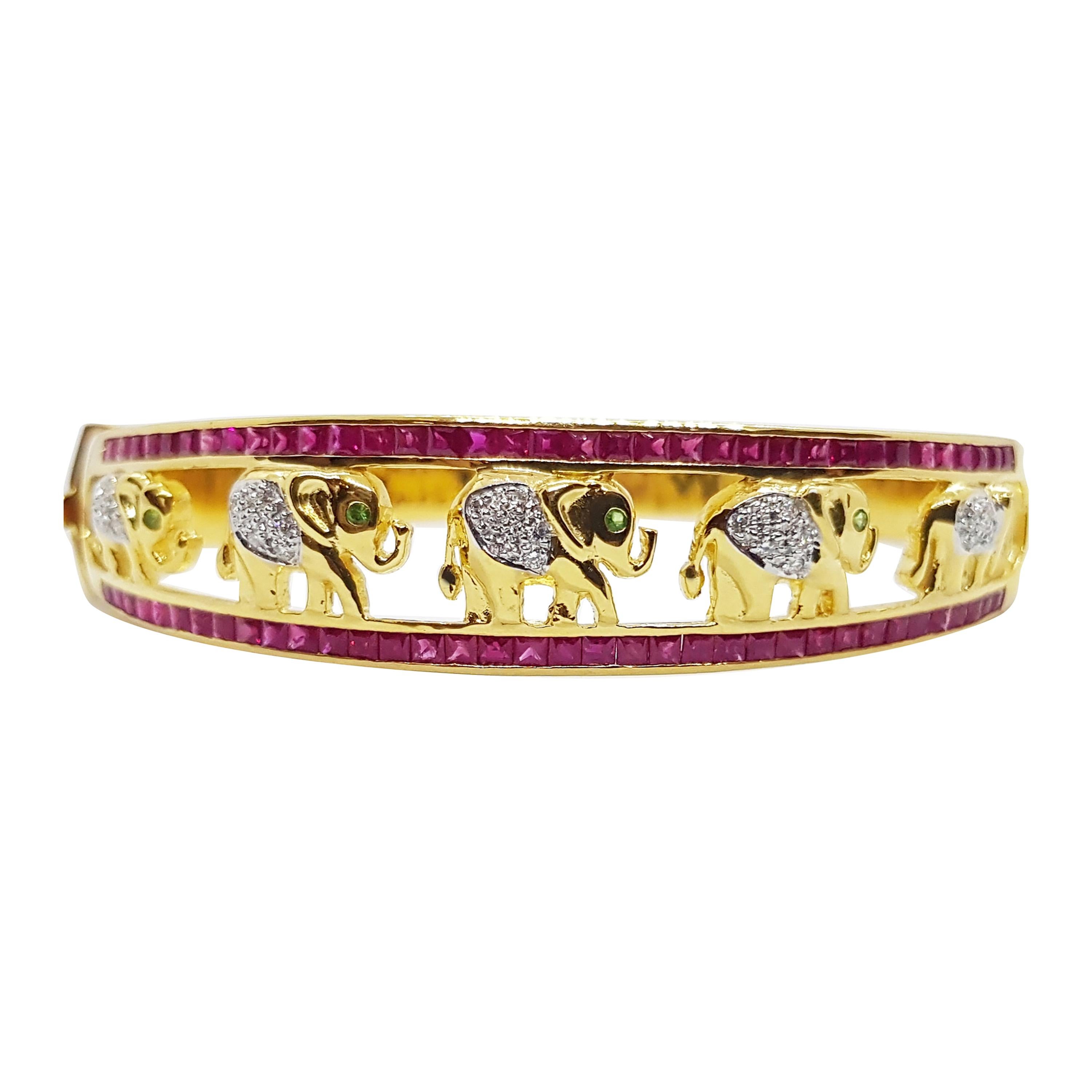 Ruby with Tsavorite and Diamond Bangle Elephant Set in 18k Gold For Sale