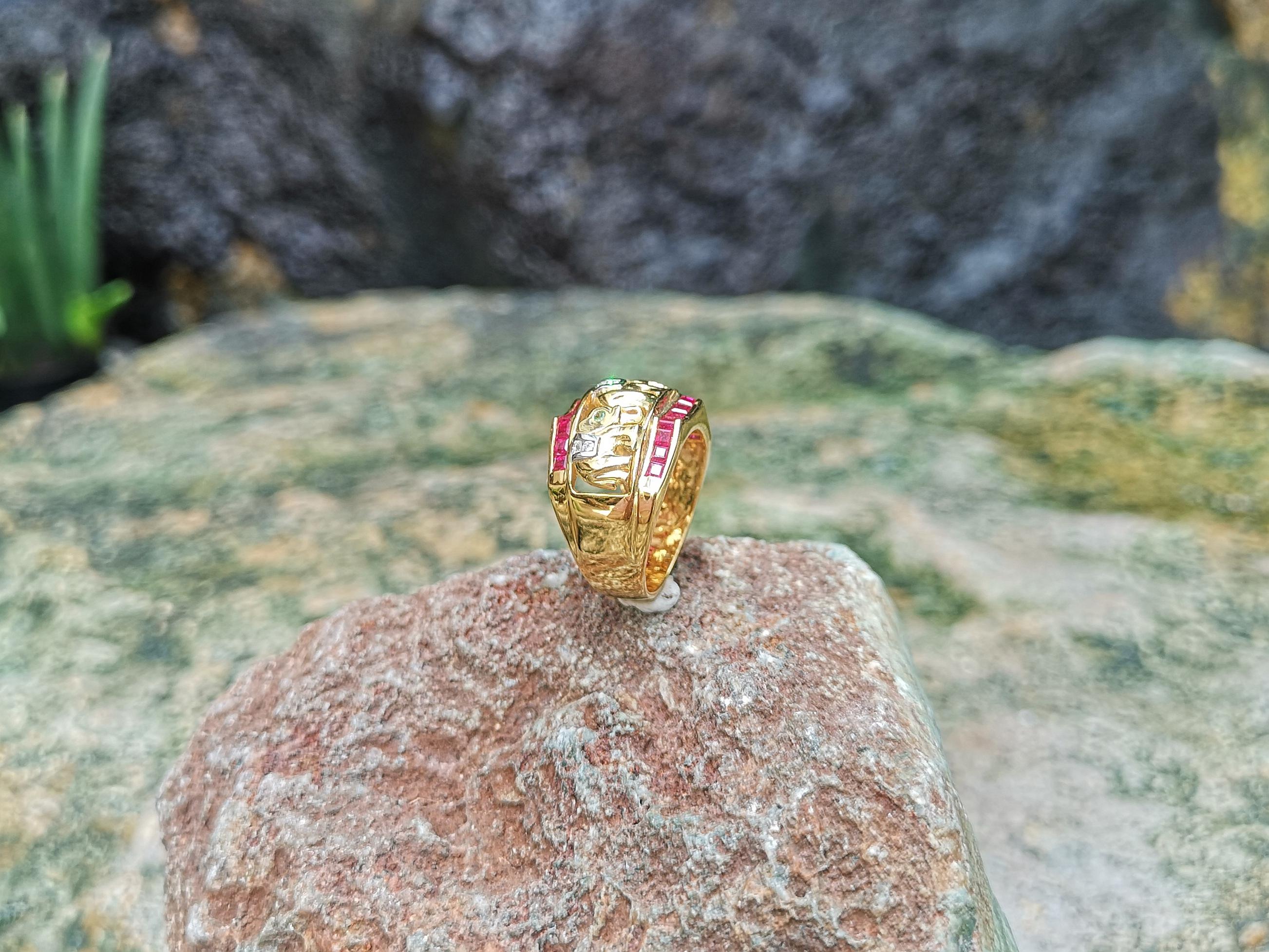 Ruby with Tsavorite and Diamond Elephant Ring Set in 18 Karat Gold Settings For Sale 4