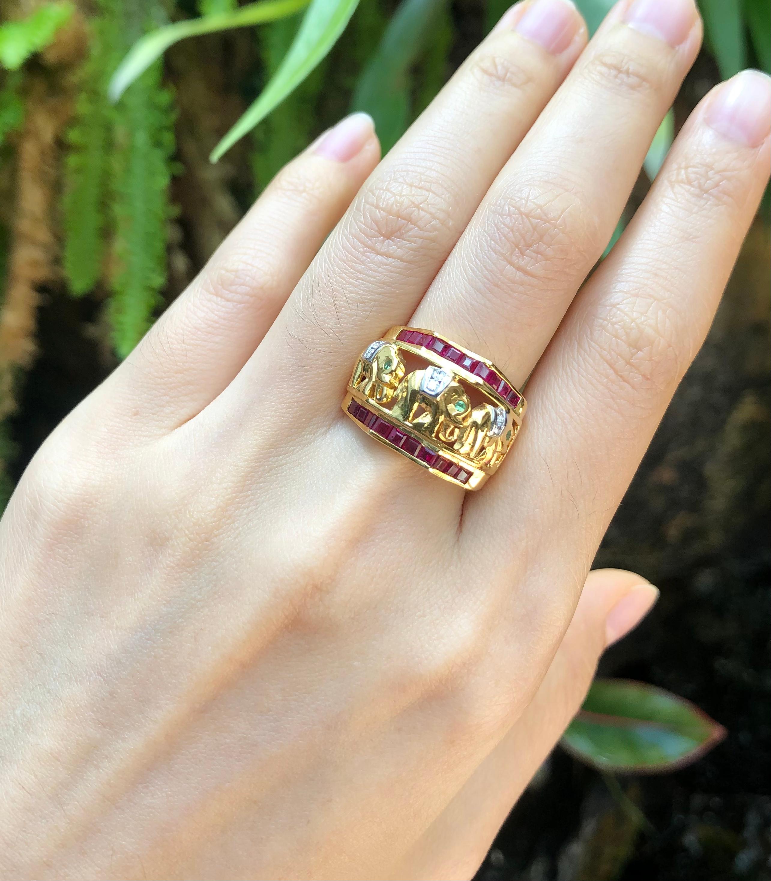 Mixed Cut Ruby with Tsavorite and Diamond Elephant Ring Set in 18 Karat Gold Settings For Sale