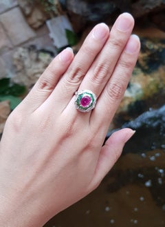 Ruby with Tsavorite and Diamond Ring Set in 18 Karat White Gold Settings