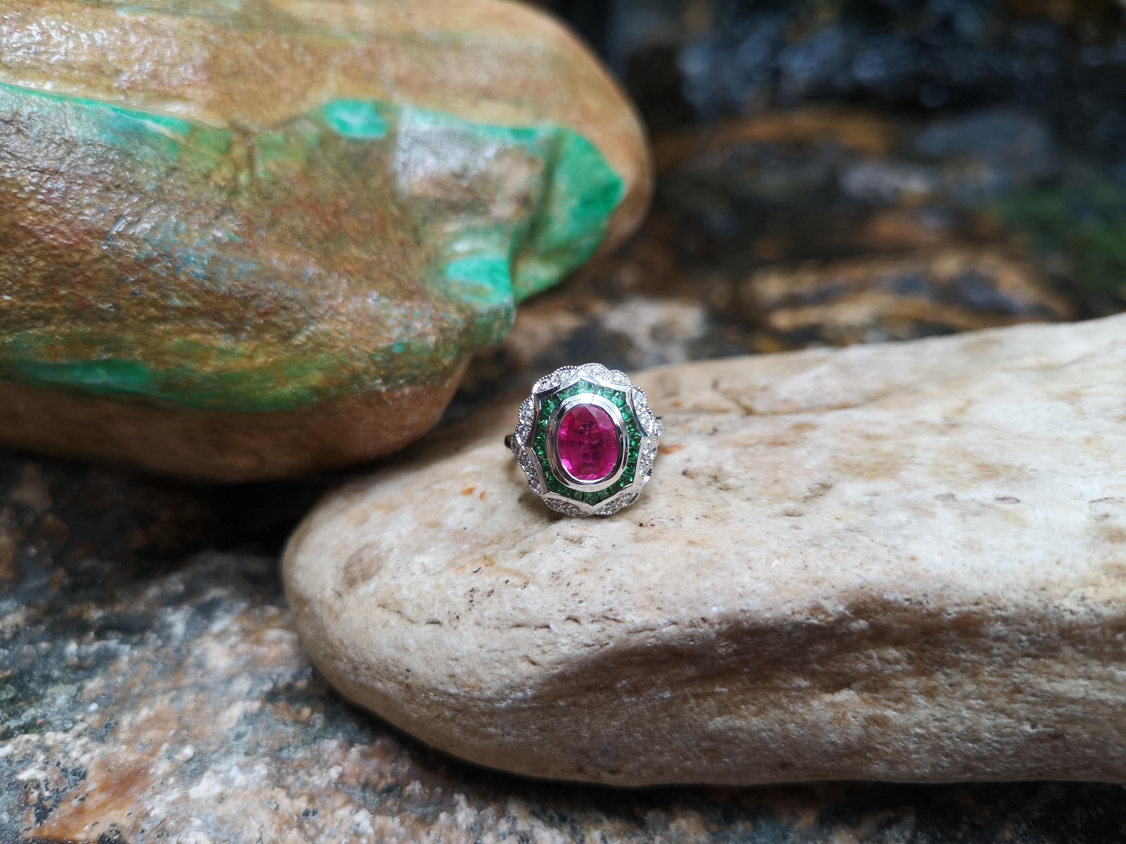 Women's Ruby with Tsavorite and Diamond Ring Set in 18 Karat White Gold Settings For Sale