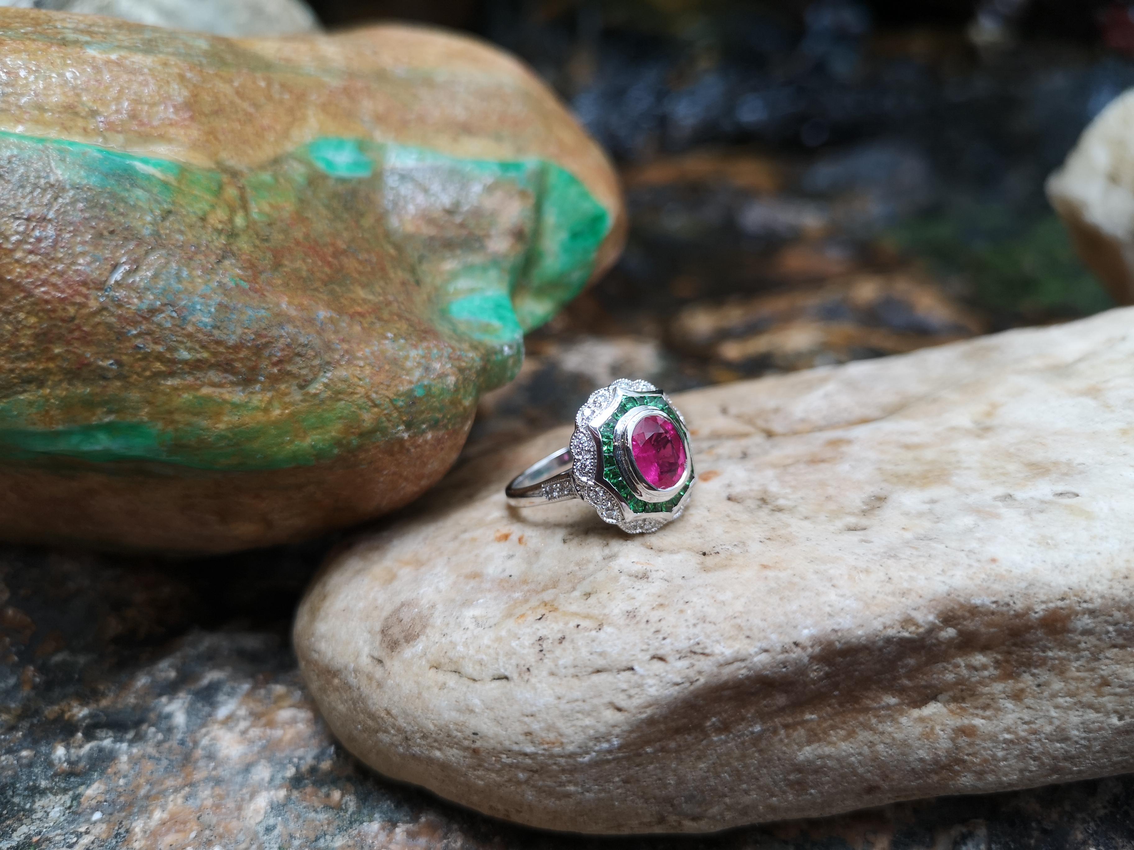 Ruby with Tsavorite and Diamond Ring Set in 18 Karat White Gold Settings For Sale 1