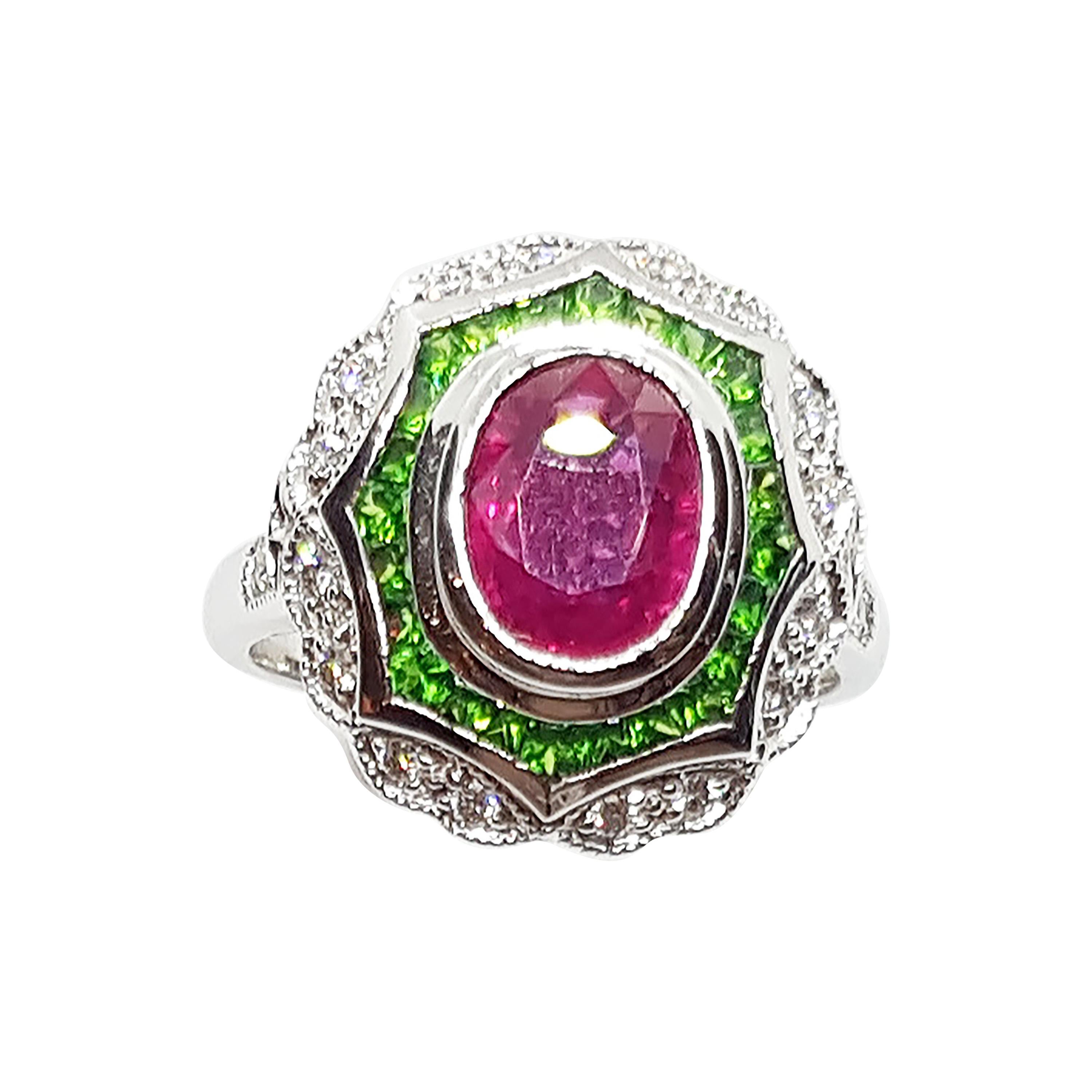 Ruby with Tsavorite and Diamond Ring Set in 18 Karat White Gold Settings For Sale