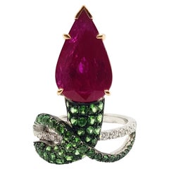 Ruby with Tsavorite and Diamond Ring Set in 18 Karat White Gold Settings