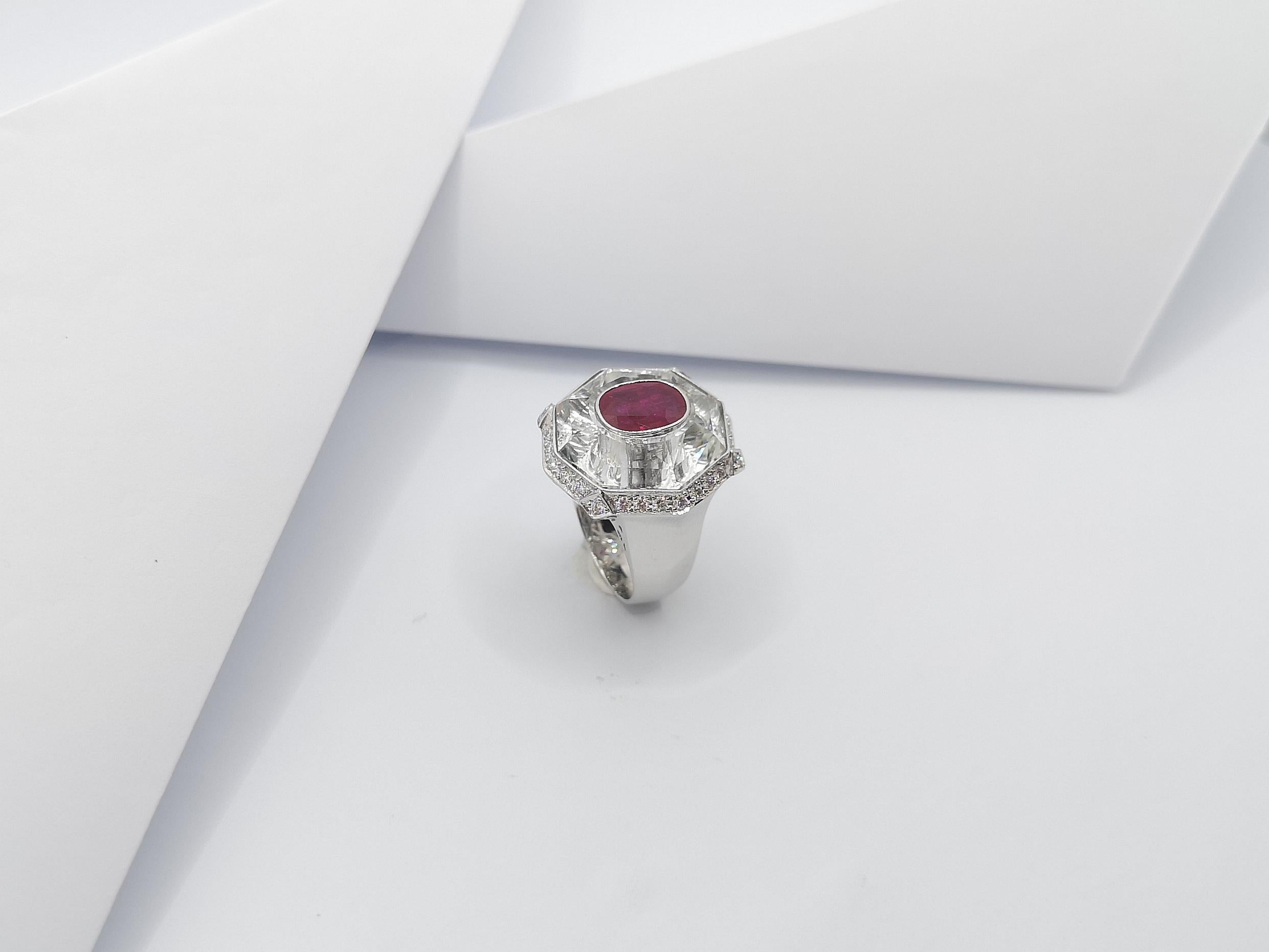 Ruby with White Topaz and Diamond Ring Set in 18 Karat White Gold Settings For Sale 4