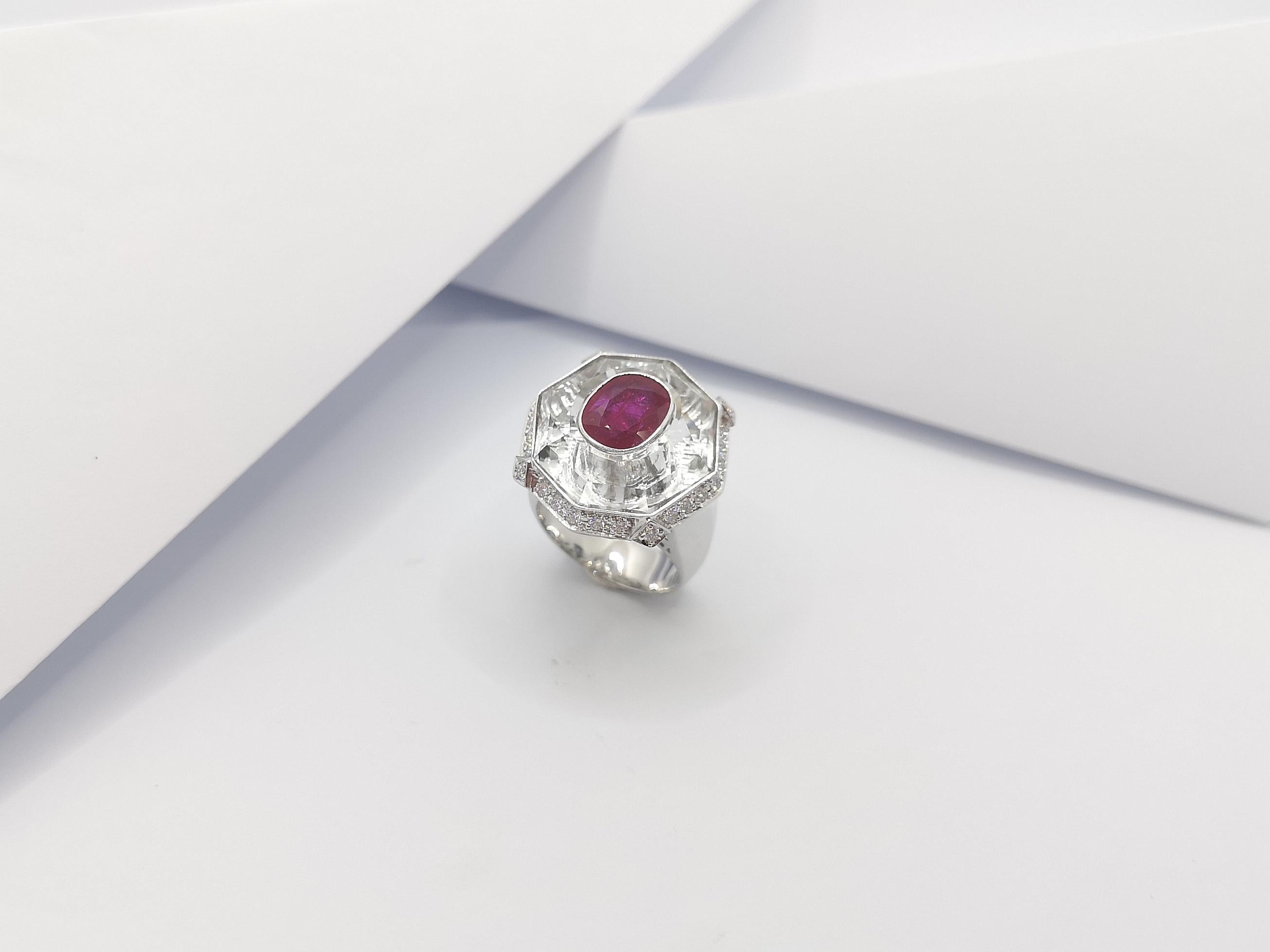 Ruby with White Topaz and Diamond Ring Set in 18 Karat White Gold Settings For Sale 8