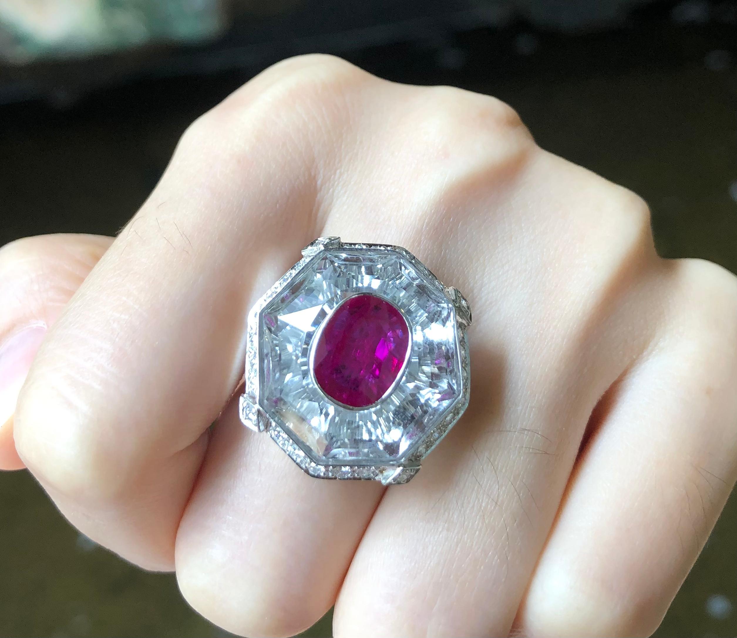 Contemporary Ruby with White Topaz and Diamond Ring Set in 18 Karat White Gold Settings For Sale