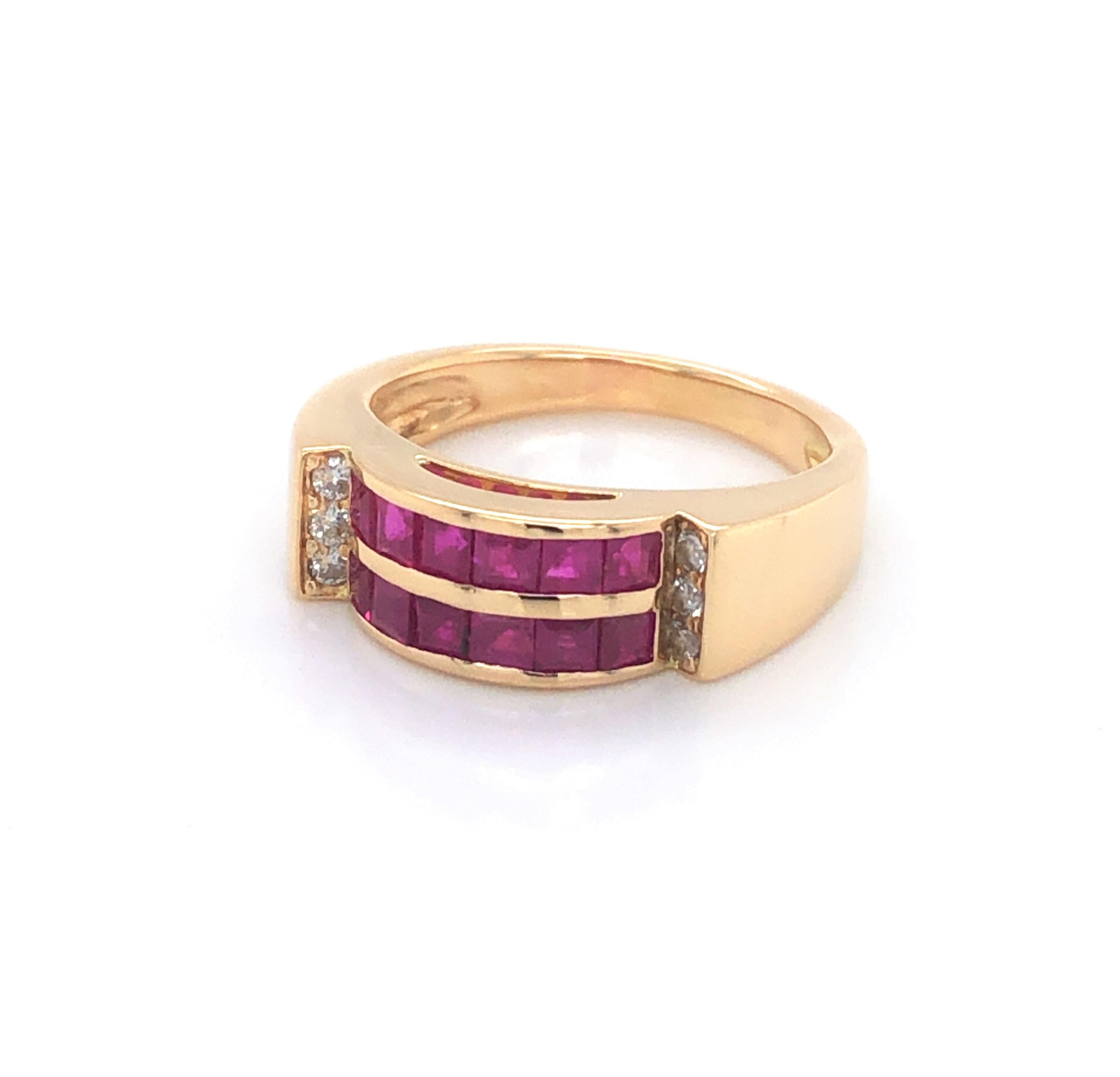 Better by the dozen are the rosy red rubies demurely accented by the round cut diamond accent sidelights on this contemporary style ring. This cheerful band is made of eighteen karat 18k yellow gold and set with two rows of six each .02 carat square