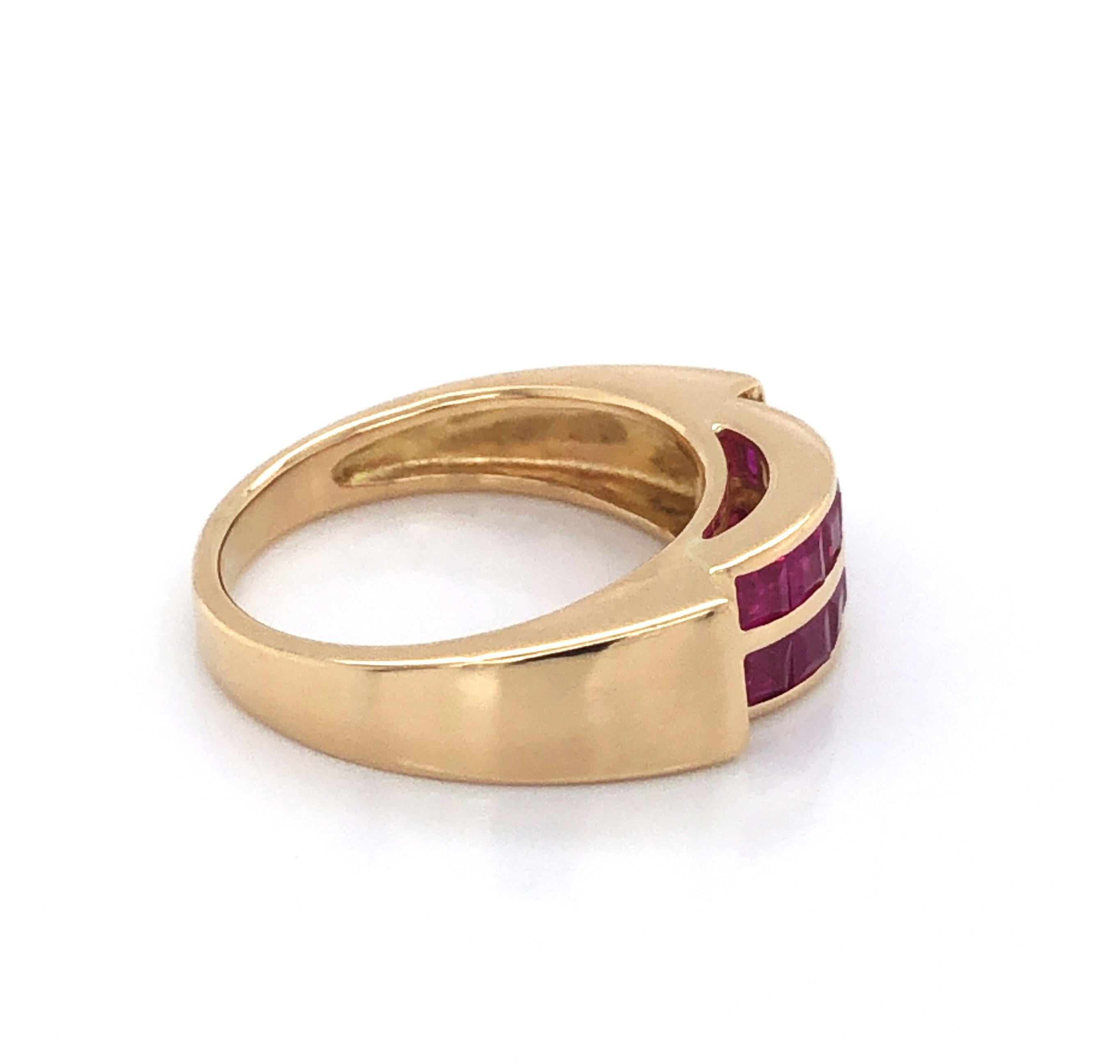 Square Cut Ruby with Diamond Accents 18 Karat Yellow Gold Band Ring  For Sale