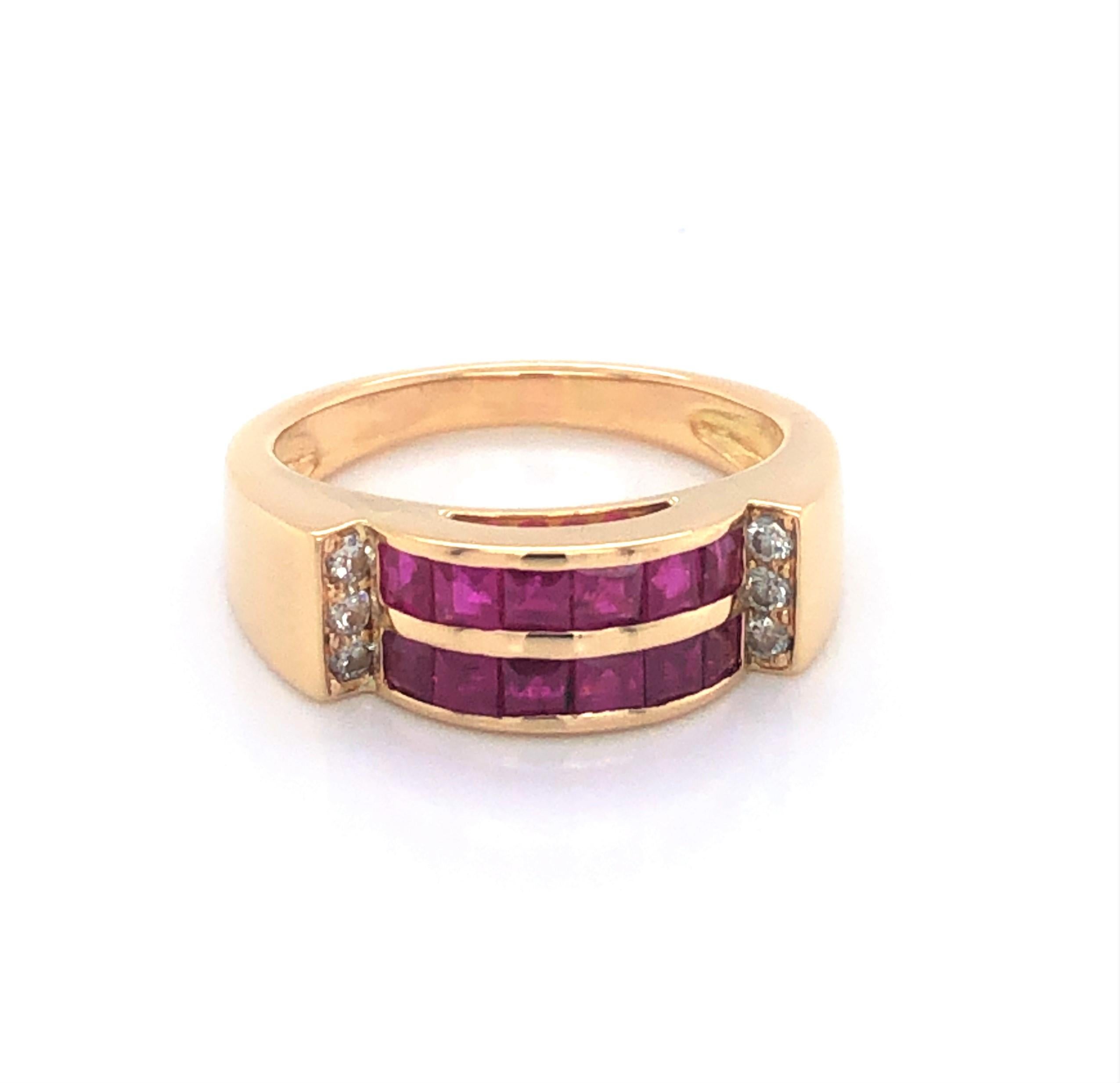 Ruby with Diamond Accents 18 Karat Yellow Gold Band Ring  In Excellent Condition For Sale In Mount Kisco, NY