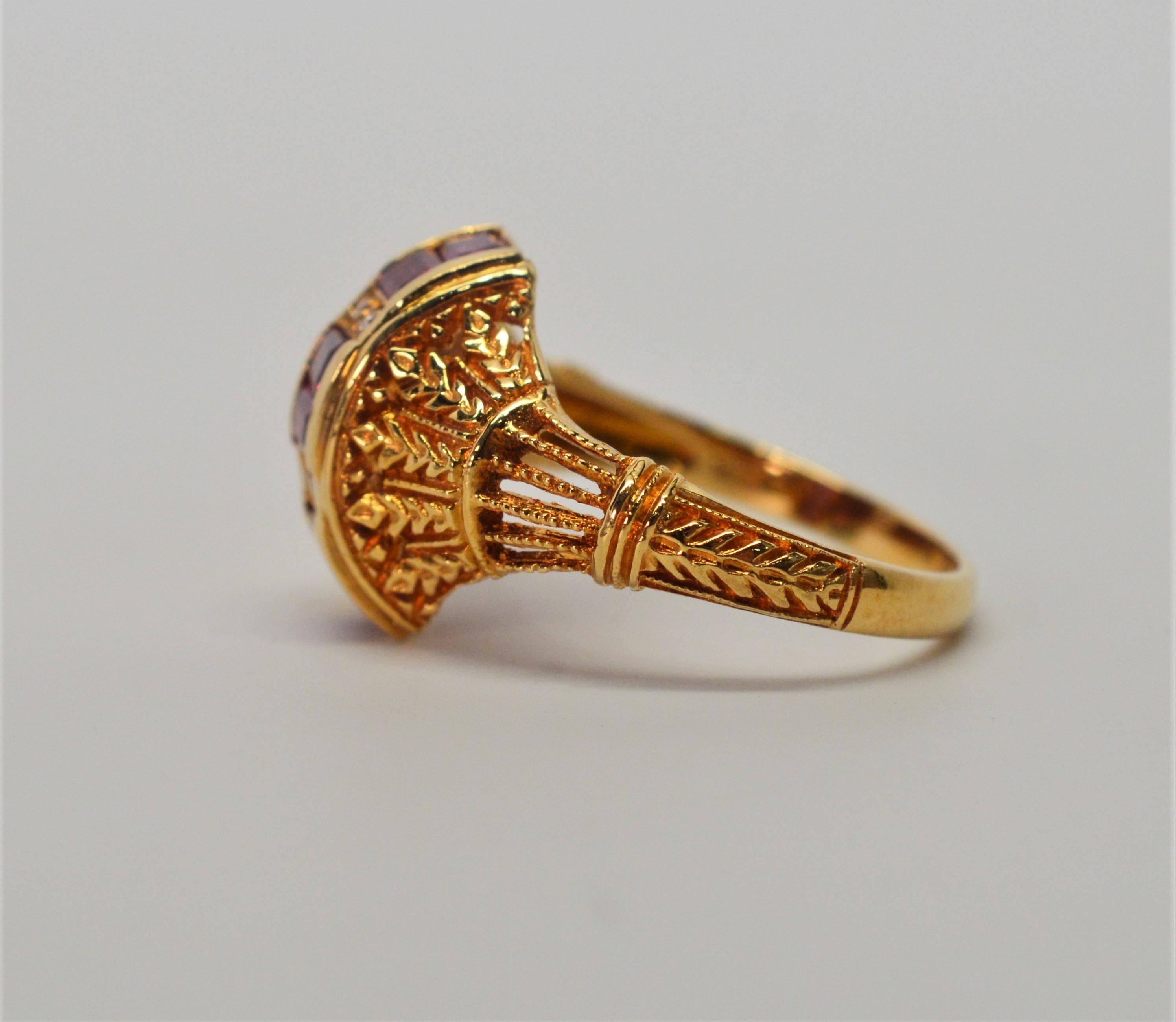 Emerald Cut Ruby Yellow Gold Filigree Ring For Sale