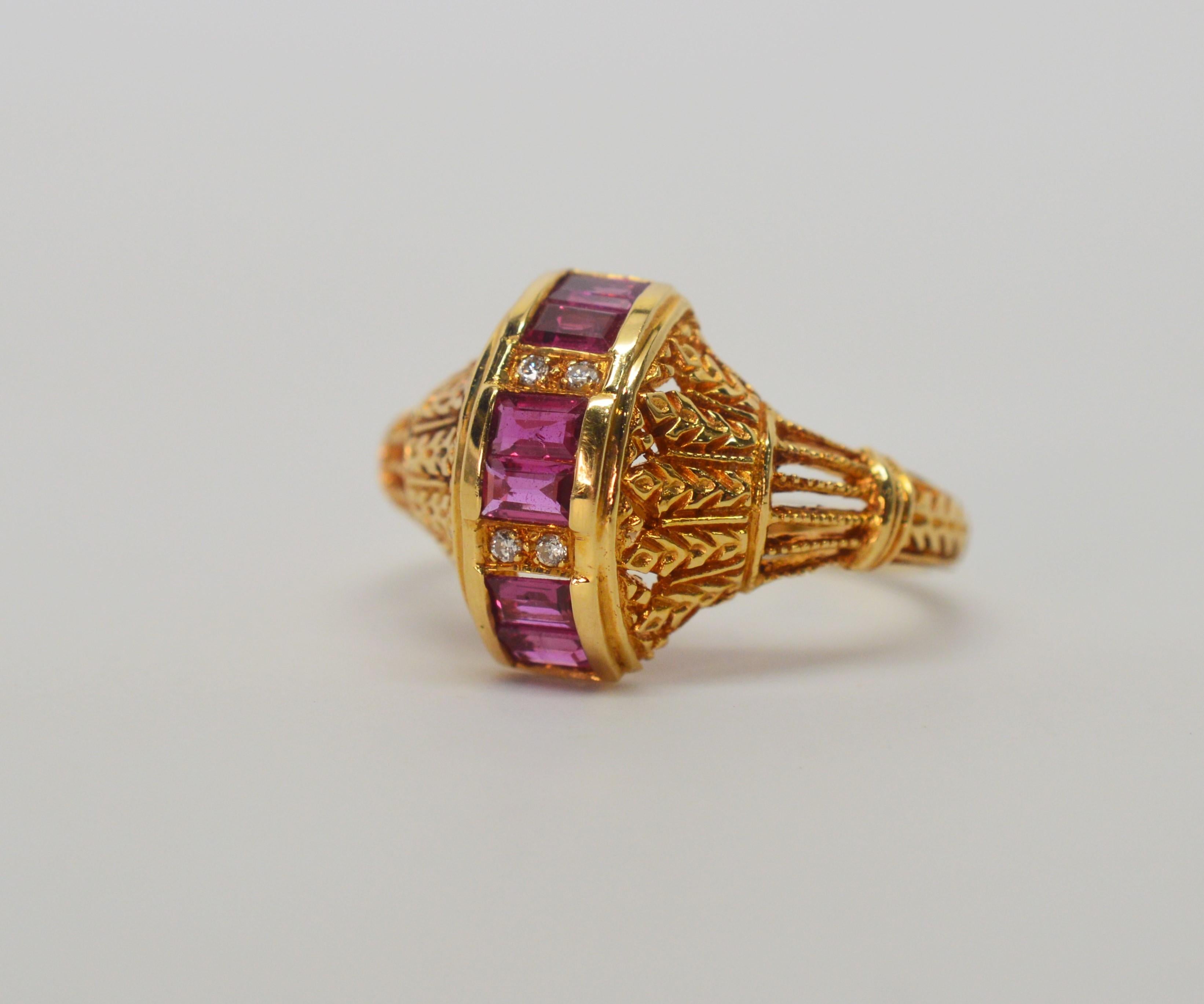 Ruby Yellow Gold Filigree Ring In Excellent Condition For Sale In Mount Kisco, NY