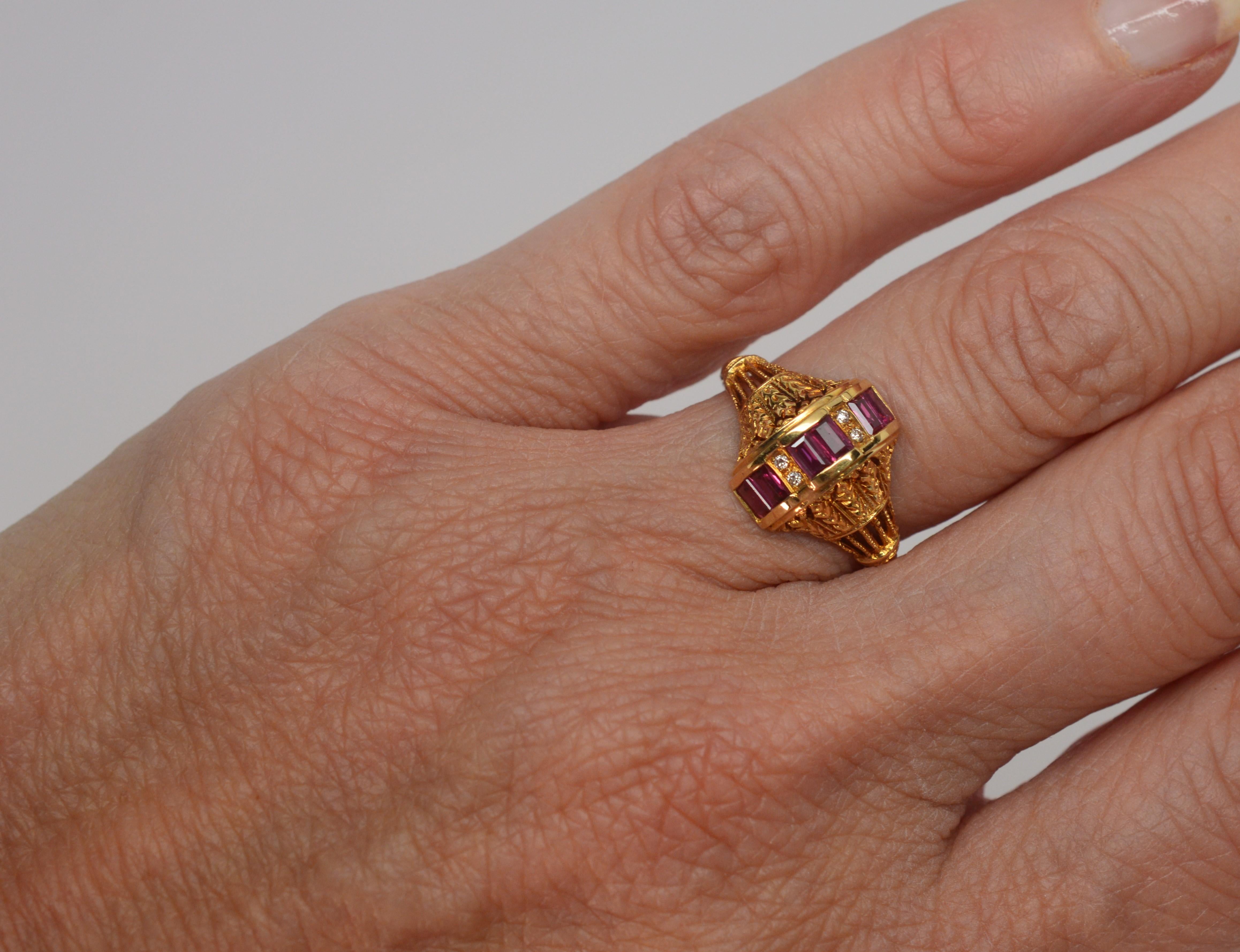 Women's Ruby Yellow Gold Filigree Ring For Sale