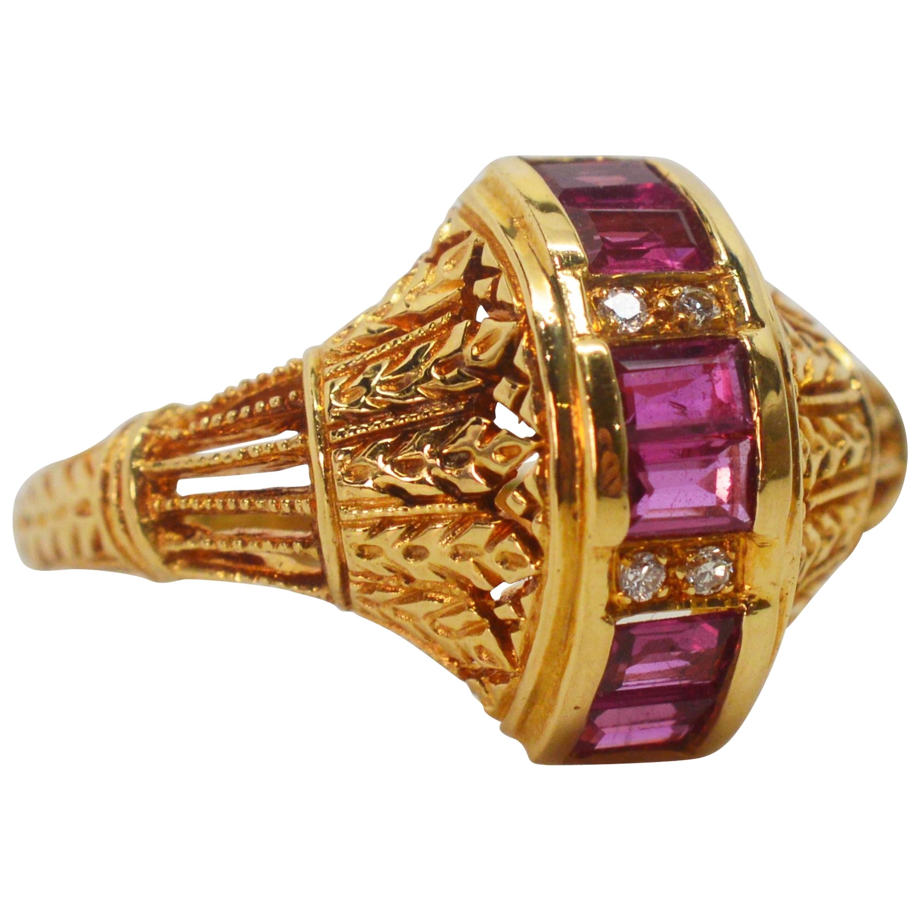 Ruby Yellow Gold Filigree Ring For Sale