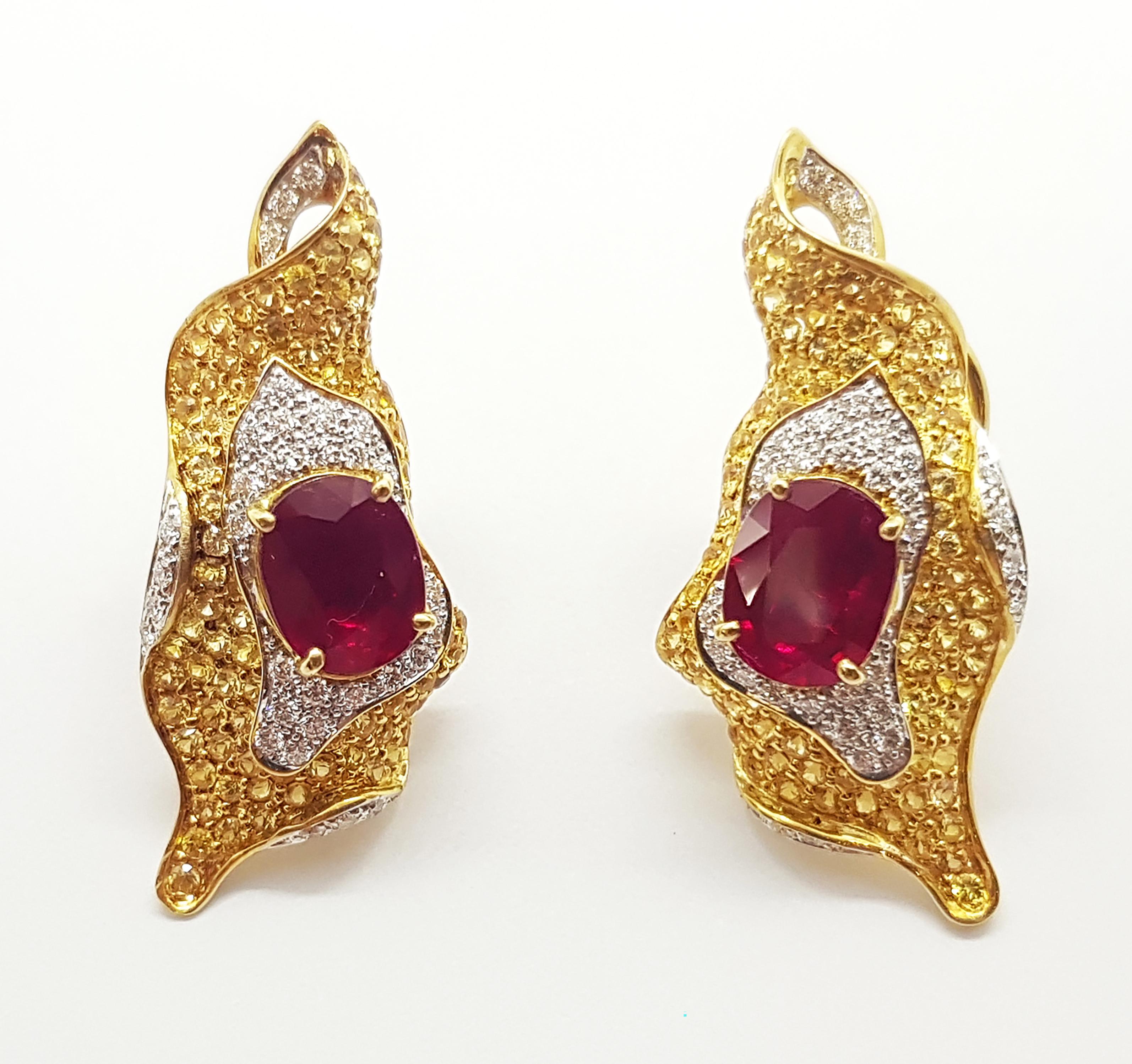 Ruby 3.88 carats with Yellow Sapphire 3.09 carats and Diamond 0.58 carat Earrings set in 18 Karat Gold Settings

Width:  1.5 cm 
Length:  3.8 cm
Total Weight: 13.95 grams

FOUNDED BY AWARD-WINNING COUPLE, NUTTAPON (KENNY) & SHAR-LINN, KAVANT &