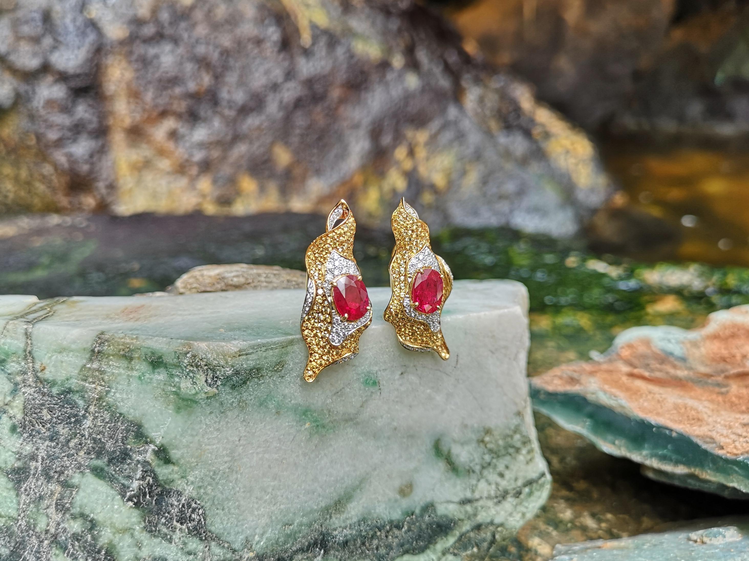 Mixed Cut Ruby, Yellow Sapphire and Diamond Organic Earrings in 18K Gold For Sale