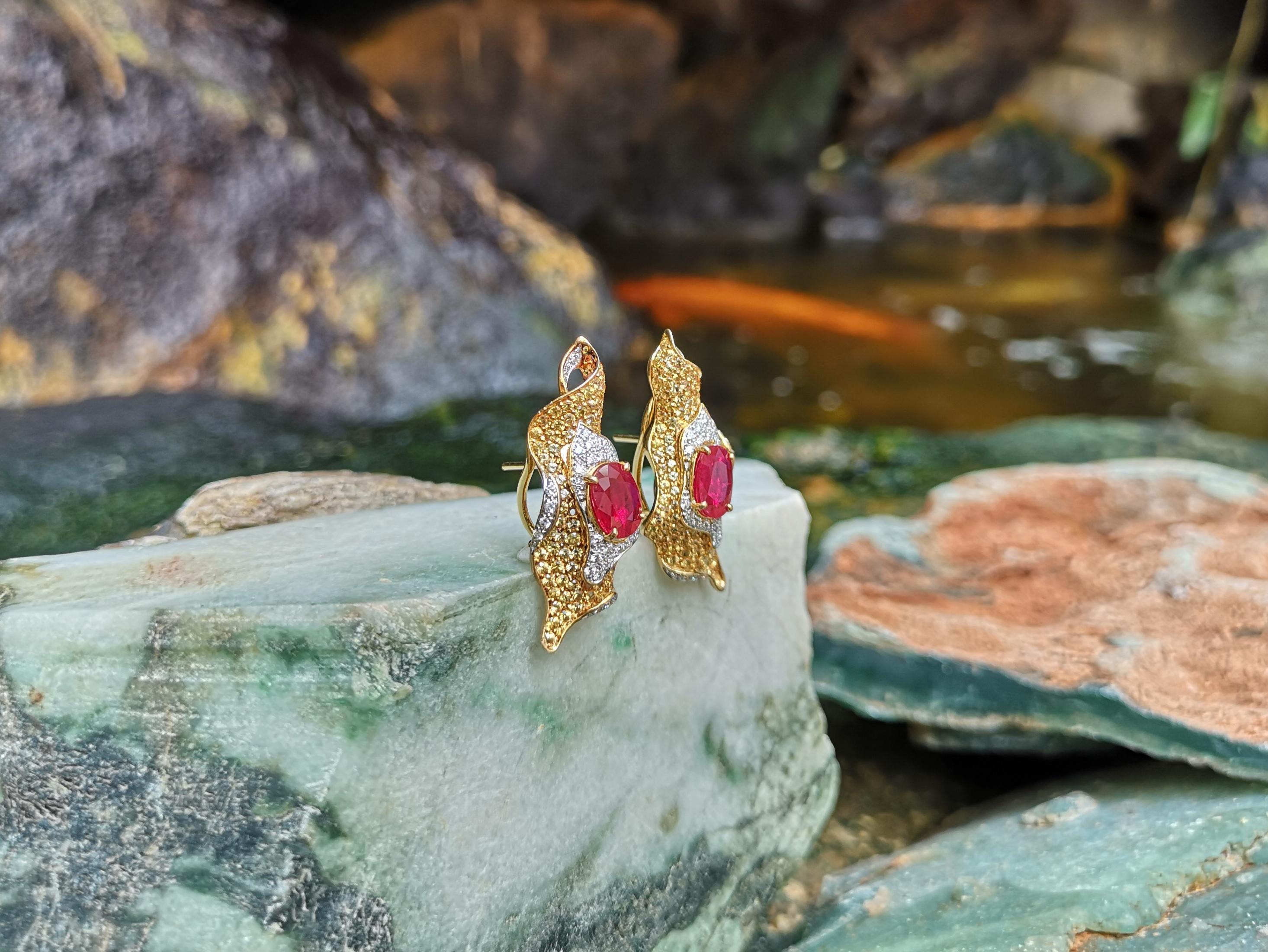 Women's Ruby, Yellow Sapphire and Diamond Organic Earrings in 18K Gold For Sale