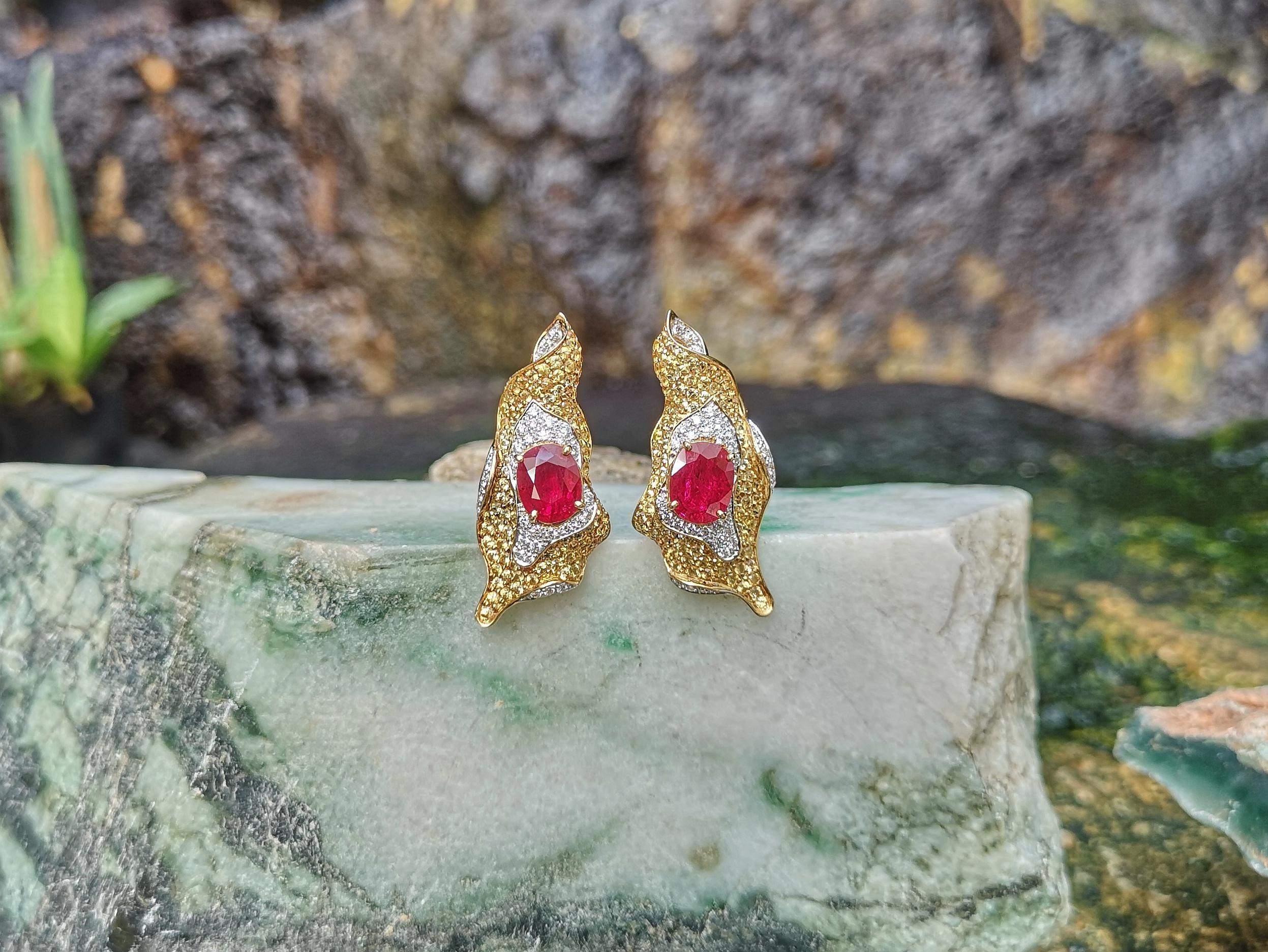 Ruby, Yellow Sapphire and Diamond Organic Earrings in 18k Gold For Sale 1