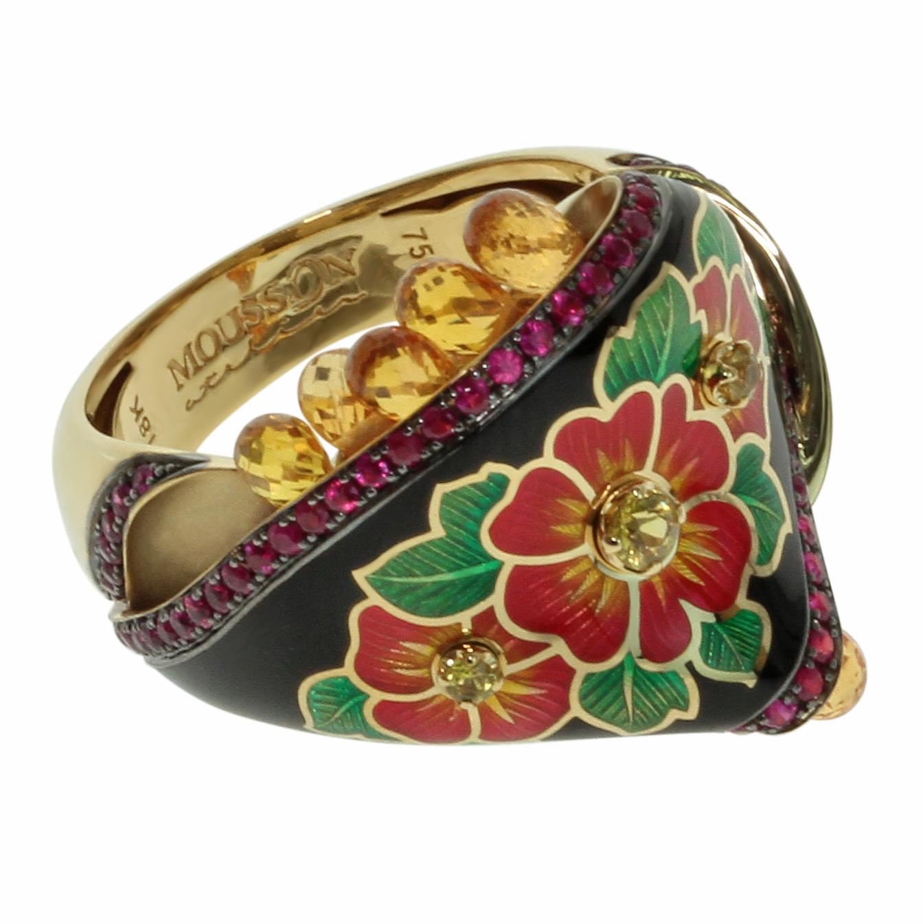Ruby Orange Sapphire Enamel A'la Russe Small Ring
What do you know about Pavlovo Posad shawls? This is a large part of Russian culture, which originated in the 17th century. They are large patterned scarves, which are usually presented as a gift to