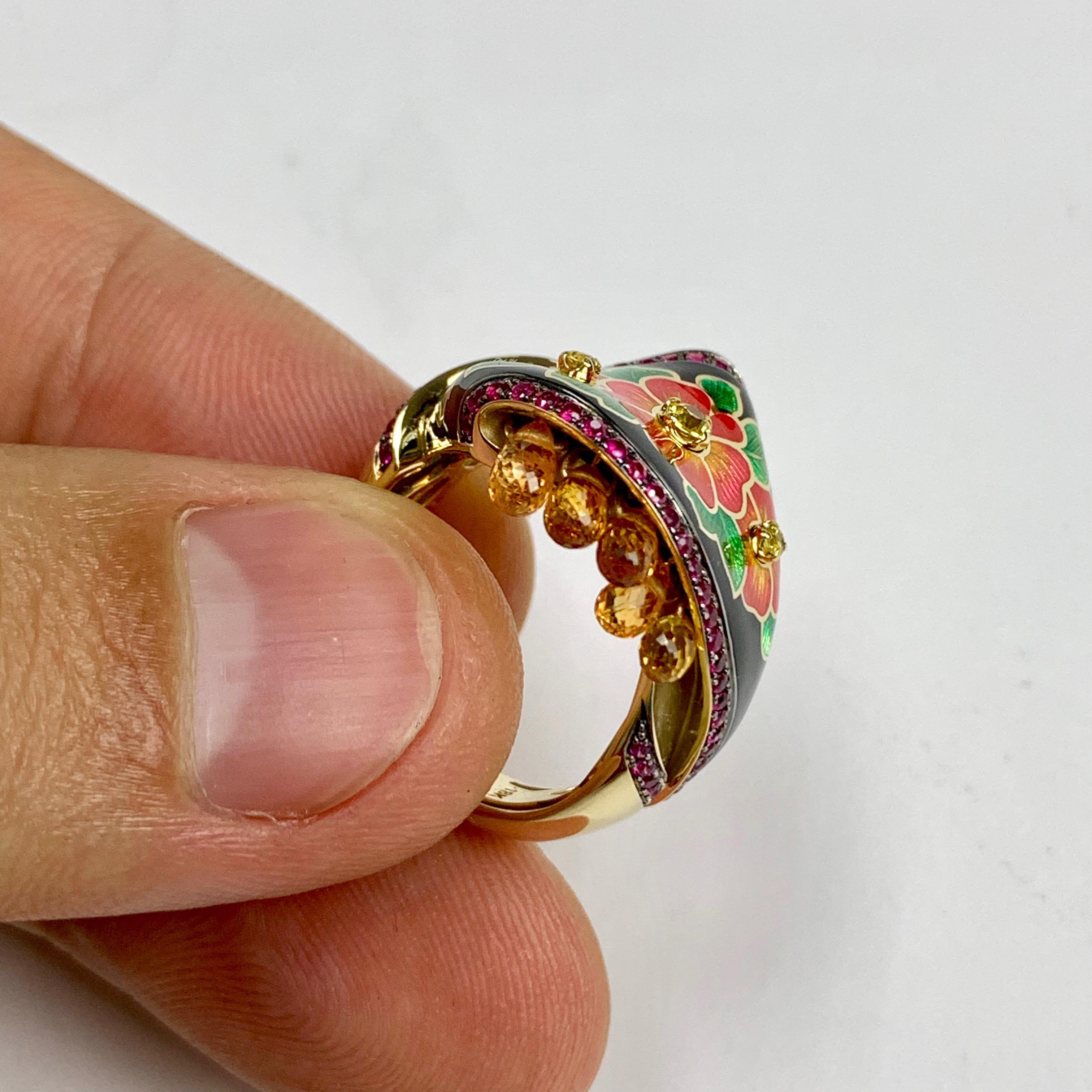 Russian Empire Ruby Yellow Sapphire Enamel A'la Russe Small Ring For Sale