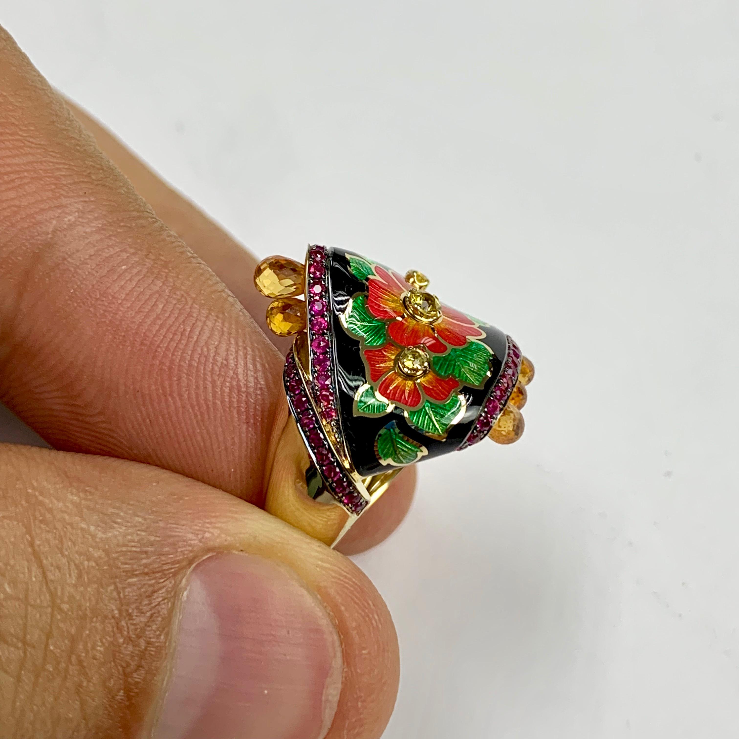 Round Cut Ruby Yellow Sapphire Enamel A'la Russe Small Ring For Sale