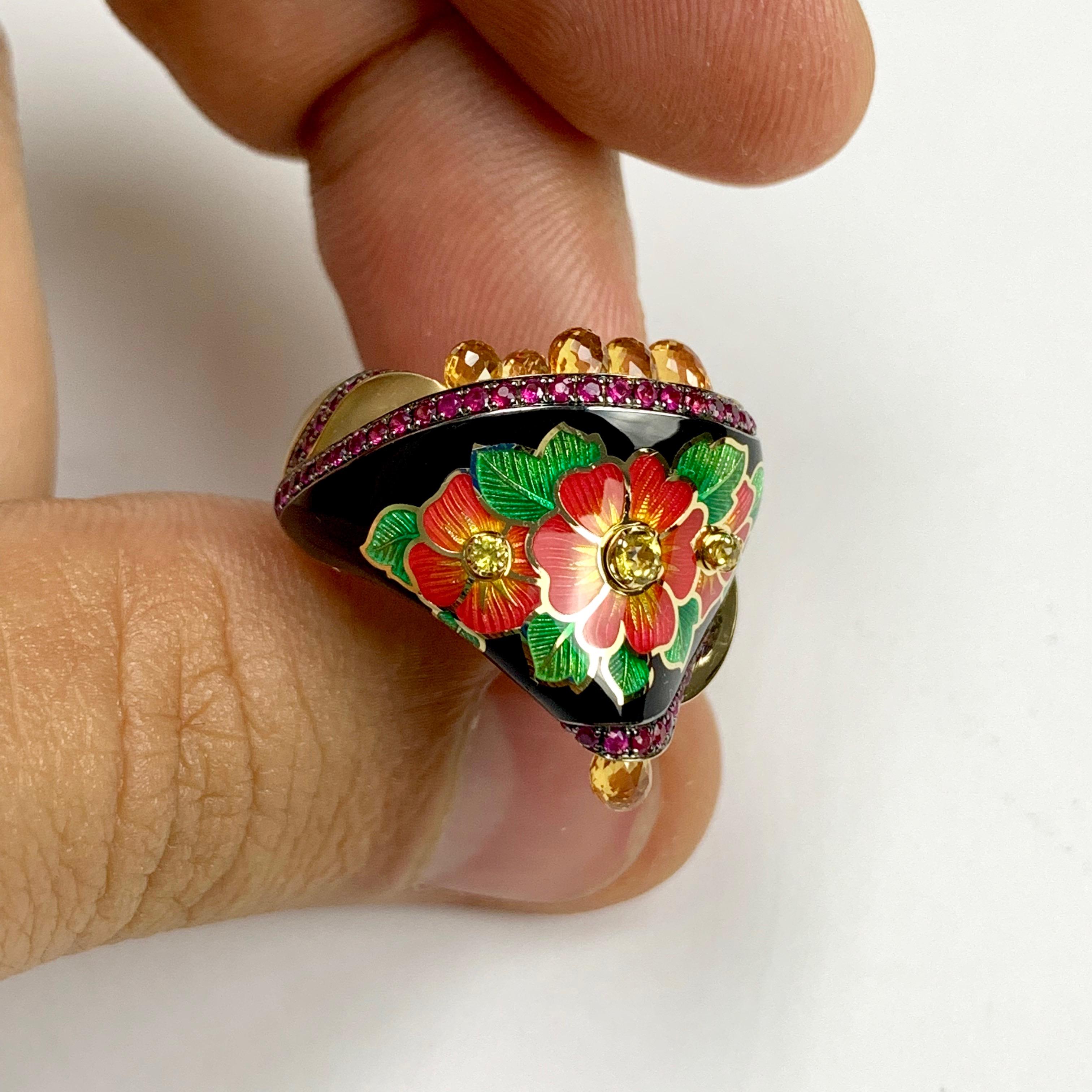 Women's Ruby Yellow Sapphire Enamel A'la Russe Small Ring For Sale