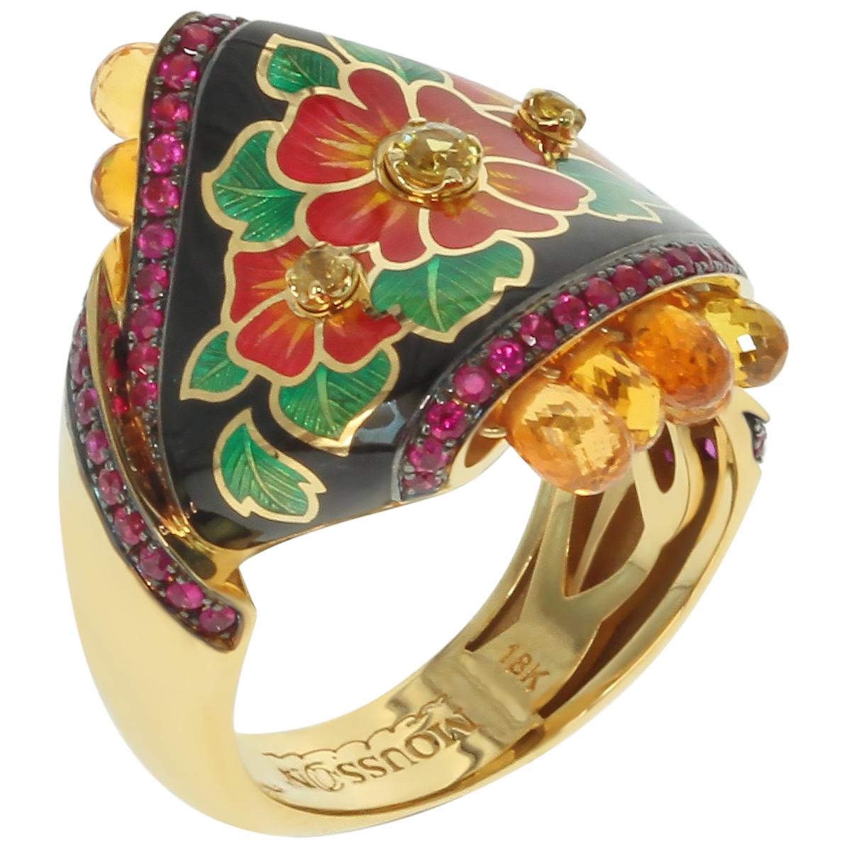 Ruby Yellow Sapphire Enamel A'la Russe Small Ring For Sale