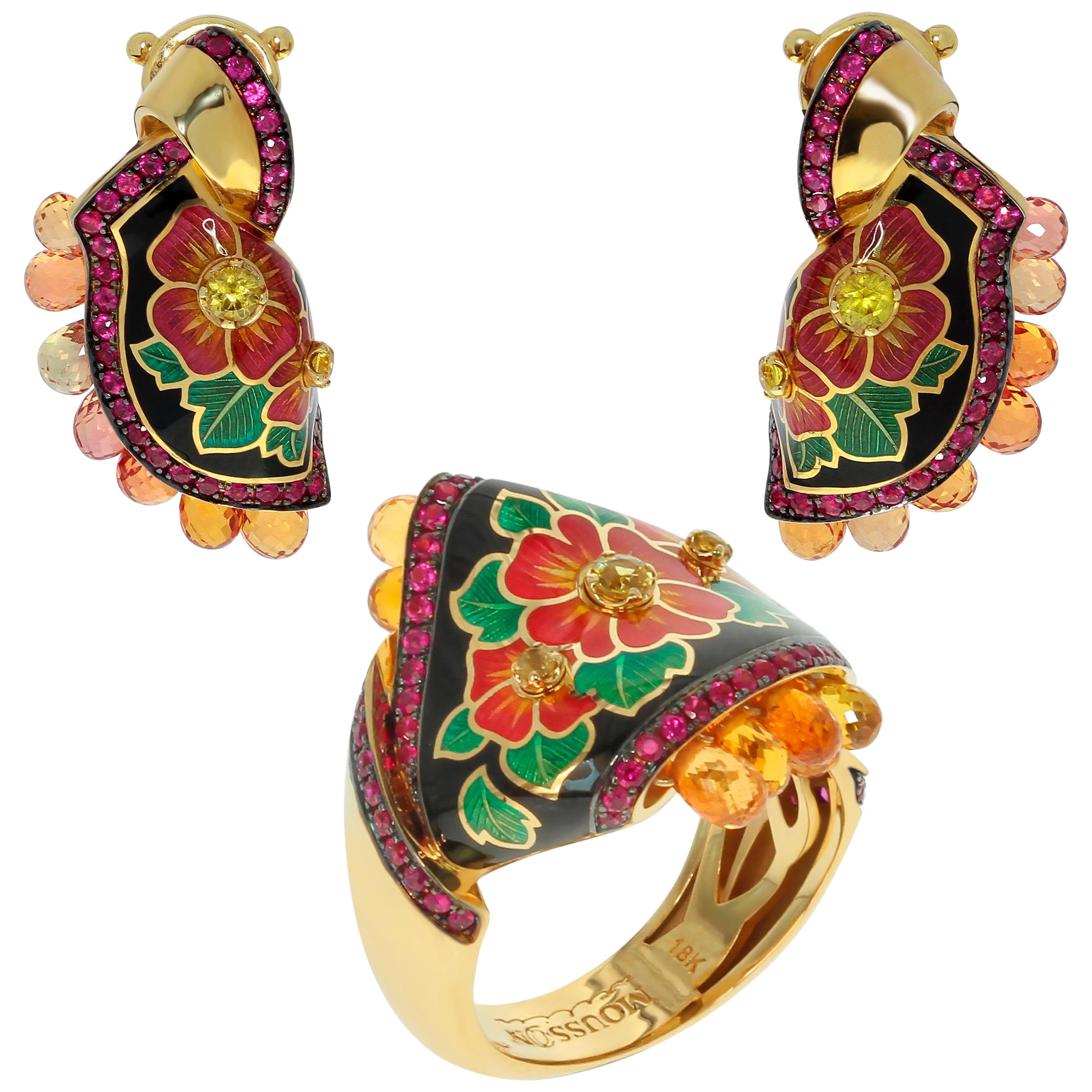 Ruby Yellow Sapphire Enamel A'la Russe Small Suite For Sale