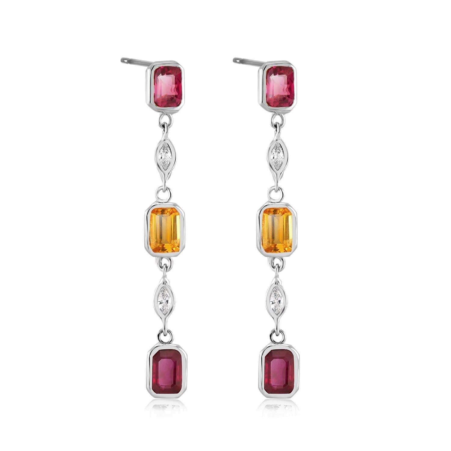 Contemporary Ruby Yellow Sapphire Marquise Diamond Drop Earrings Weighing 3.65 Carat