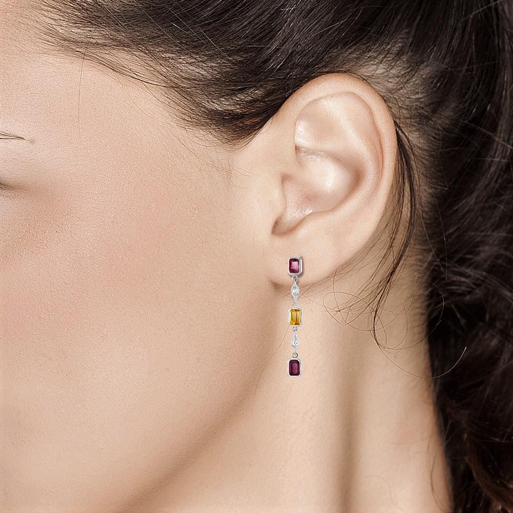 Emerald Cut Ruby Yellow Sapphire Marquise Diamond Drop Earrings Weighing 3.65 Carat