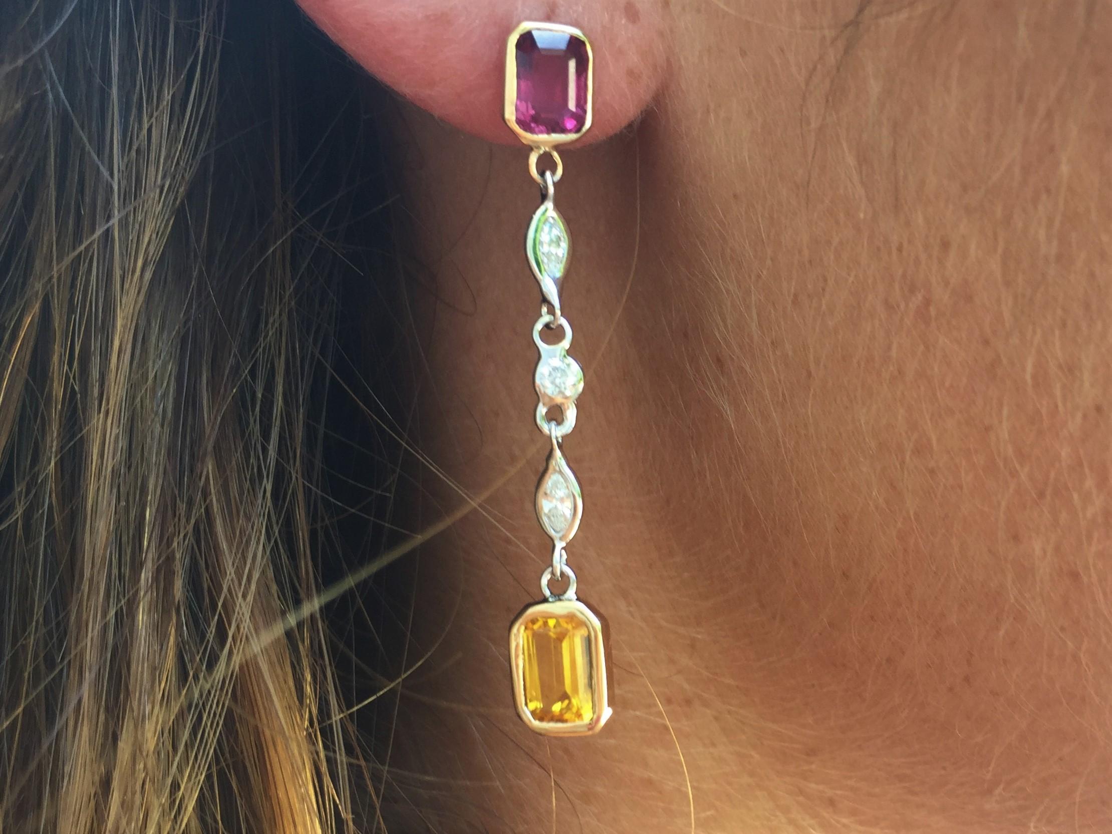 Emerald Cut Ruby Yellow Sapphire Marquise Diamond Weighing 3.65 Carat 1.75 Inch Earrings 