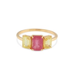 Ruby & Yellow Sapphire Rectangle Ring In 18K Yellow Gold