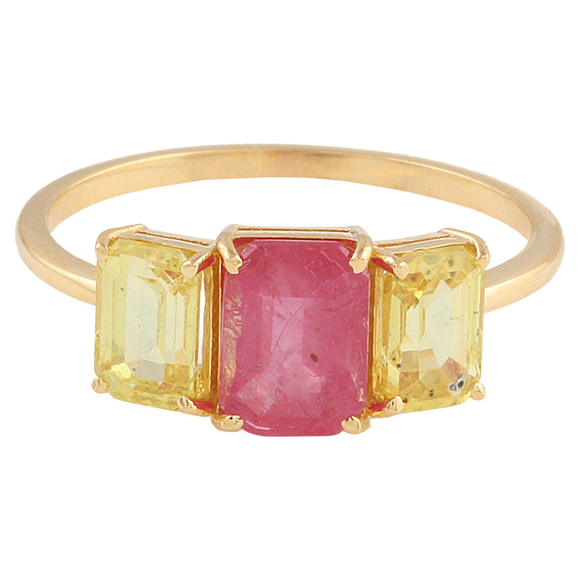Ruby & Yellow Sapphire Rectangle Ring In 18K Yellow Gold For Sale
