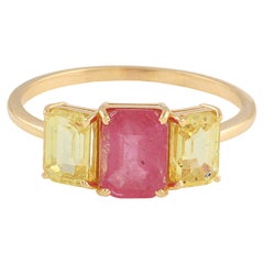 Ruby & Yellow Sapphire Rectangle Ring In 18K Yellow Gold