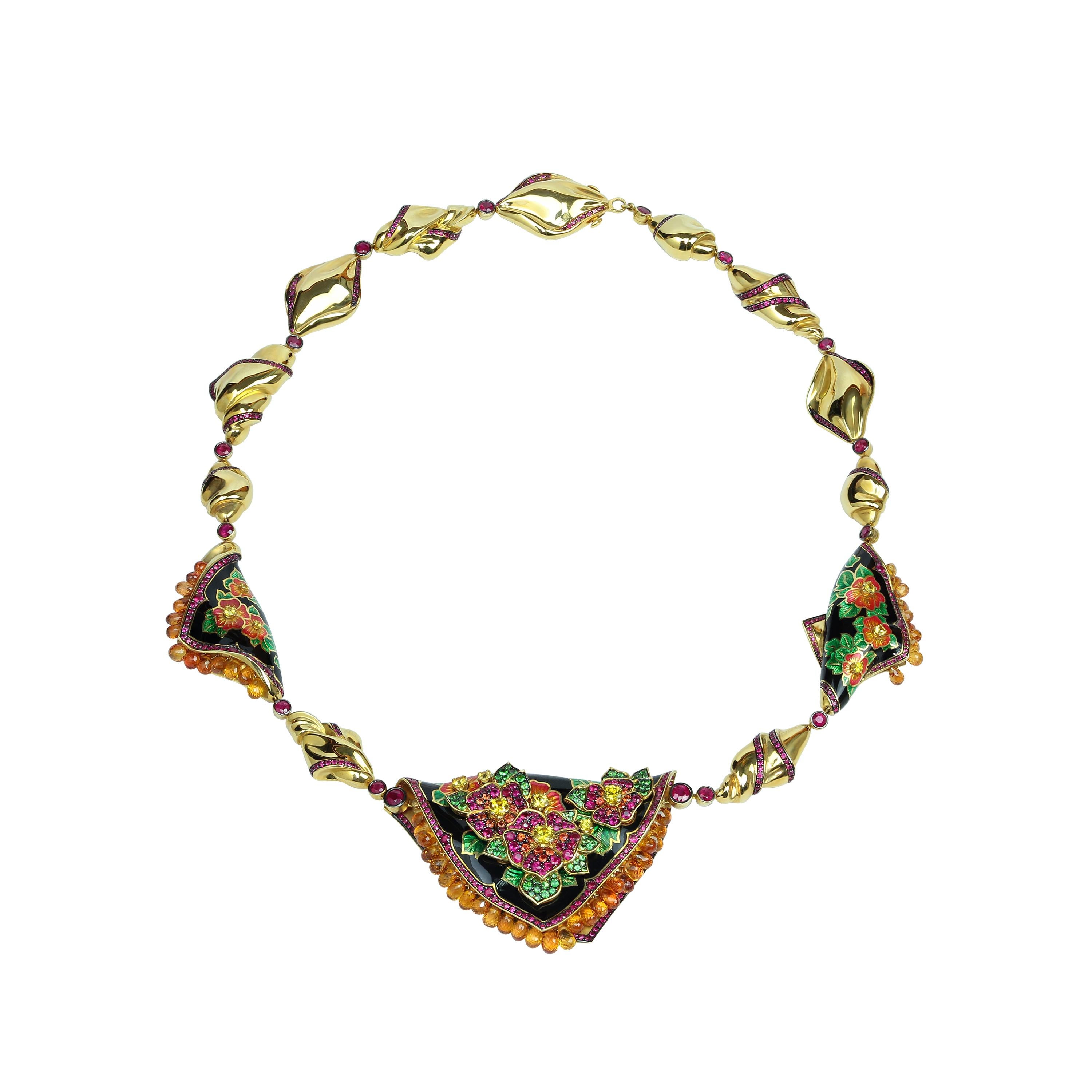 Ruby Yellow Sapphire Tsavorite Enamel A'la Russe Ring Earring Necklace Suite In New Condition For Sale In Bangkok, TH