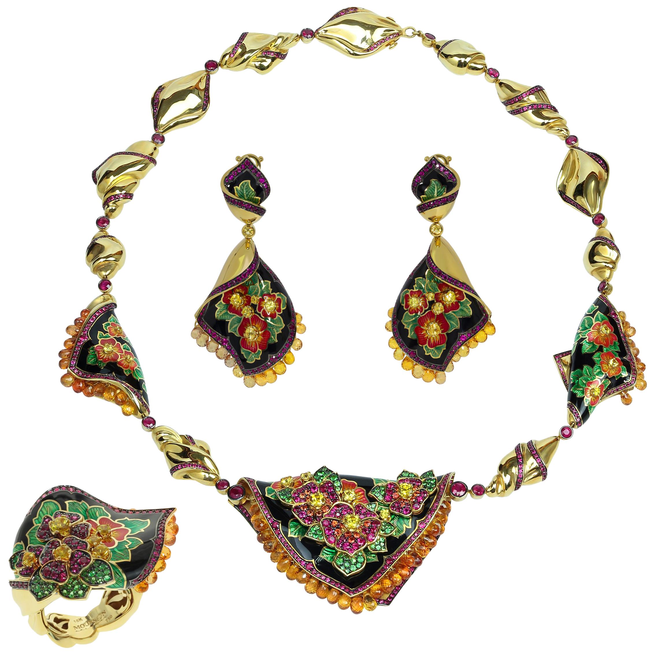 Ruby Yellow Sapphire Tsavorite Enamel A'la Russe Ring Earring Necklace Suite For Sale