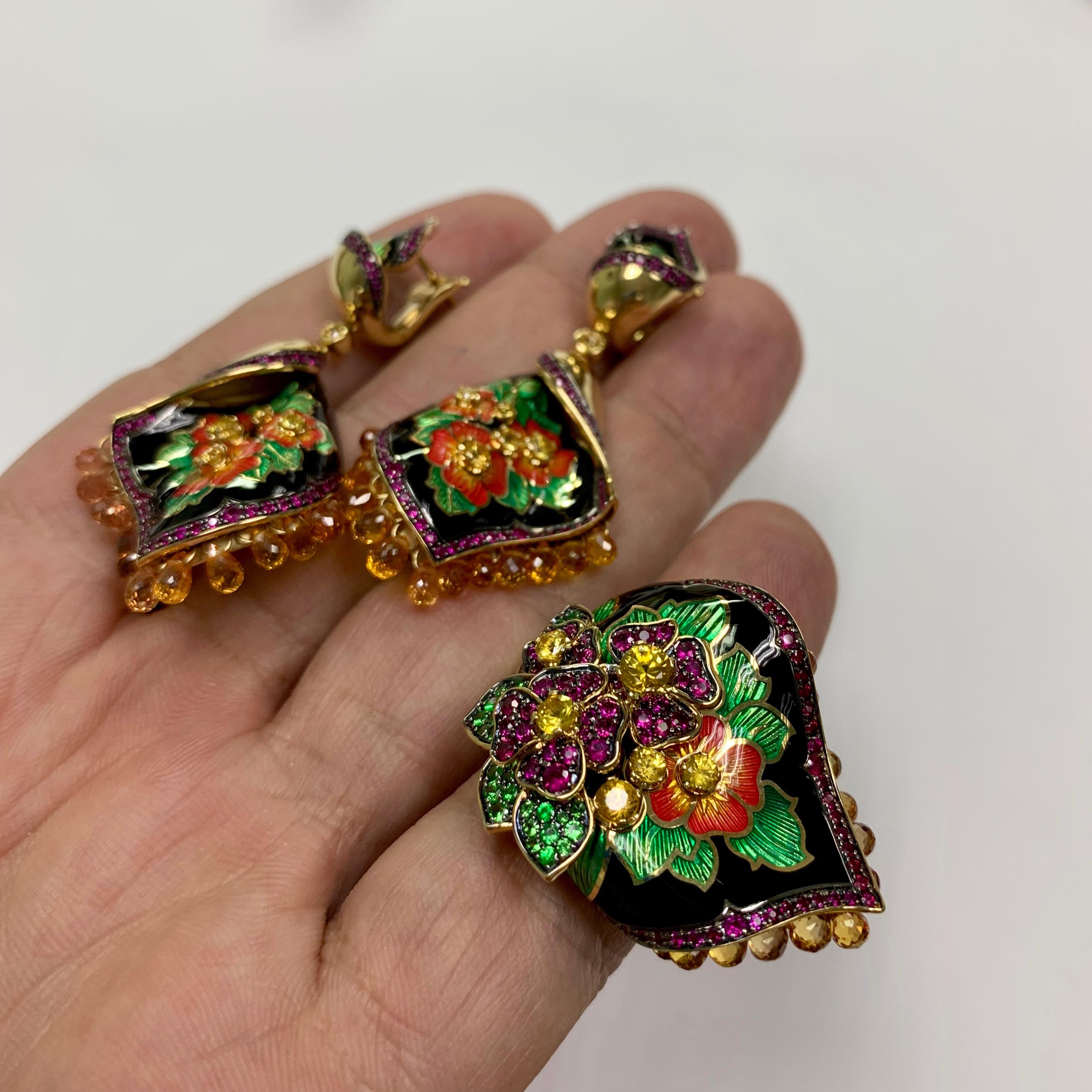 Ruby Yellow Sapphire Tsavorite Enamel A'la Russe Suite In New Condition For Sale In Bangkok, TH