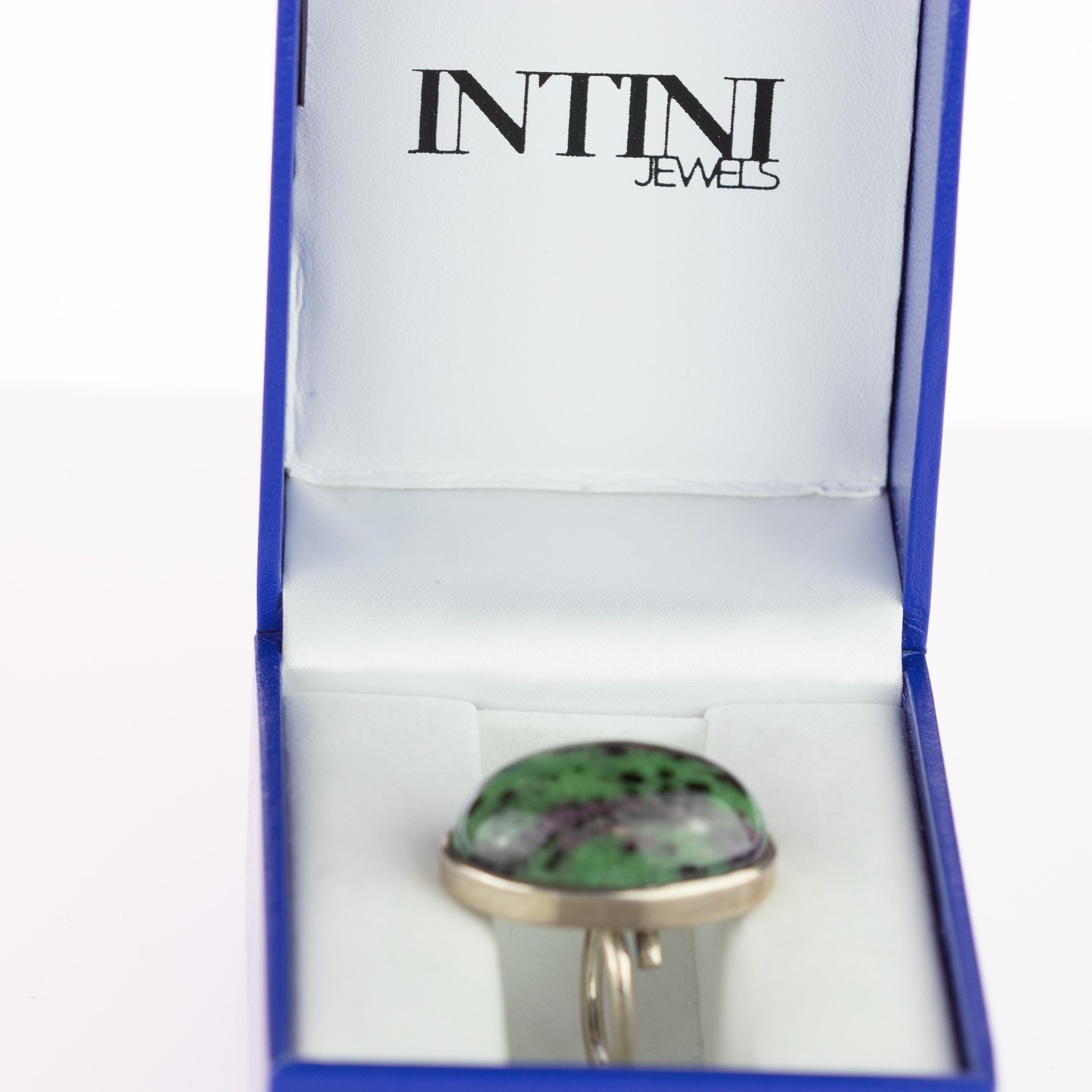 Women's or Men's Ruby Zoisite Round Cabochon Sterling Silver Retro Cocktail Handmade Intini Ring For Sale