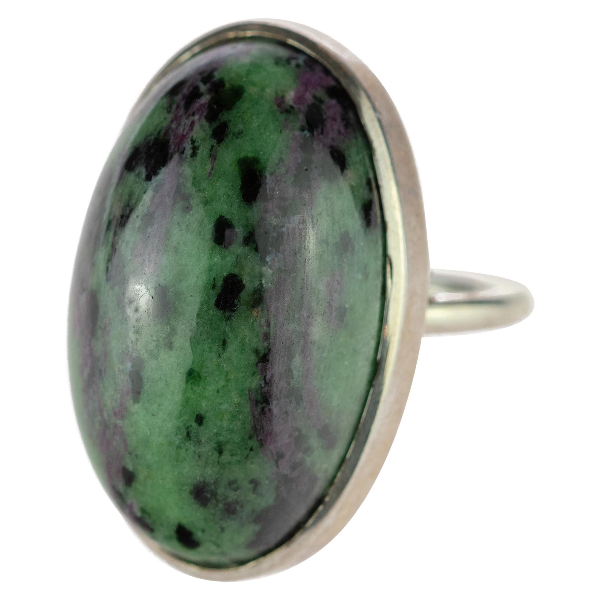 Ruby Zoisite Round Cabochon Sterling Silver Retro Cocktail Handmade Intini Ring For Sale