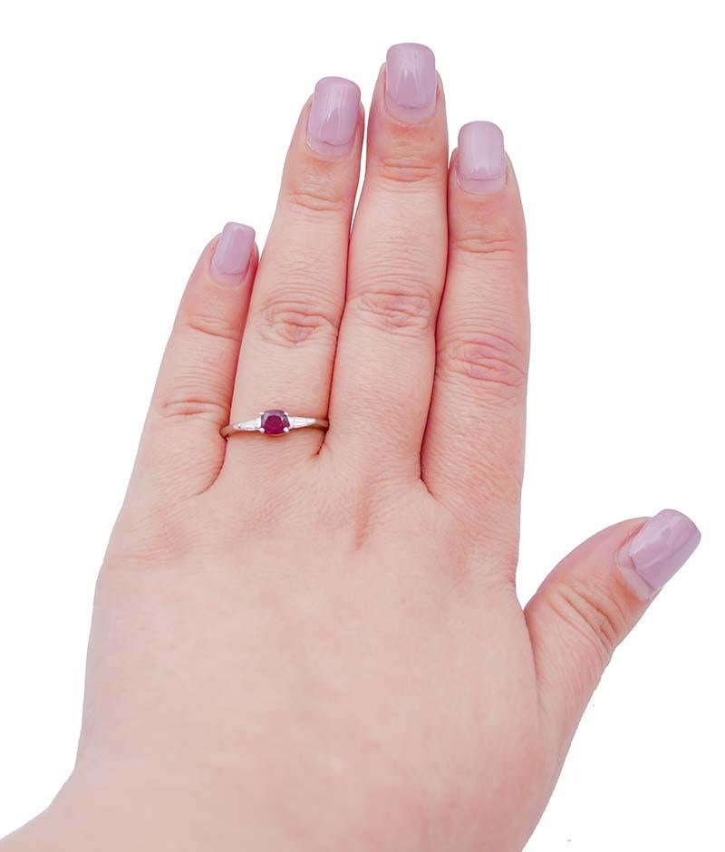 Mixed Cut Ruby, Diamonds, 14 Karat White Gold Ring For Sale