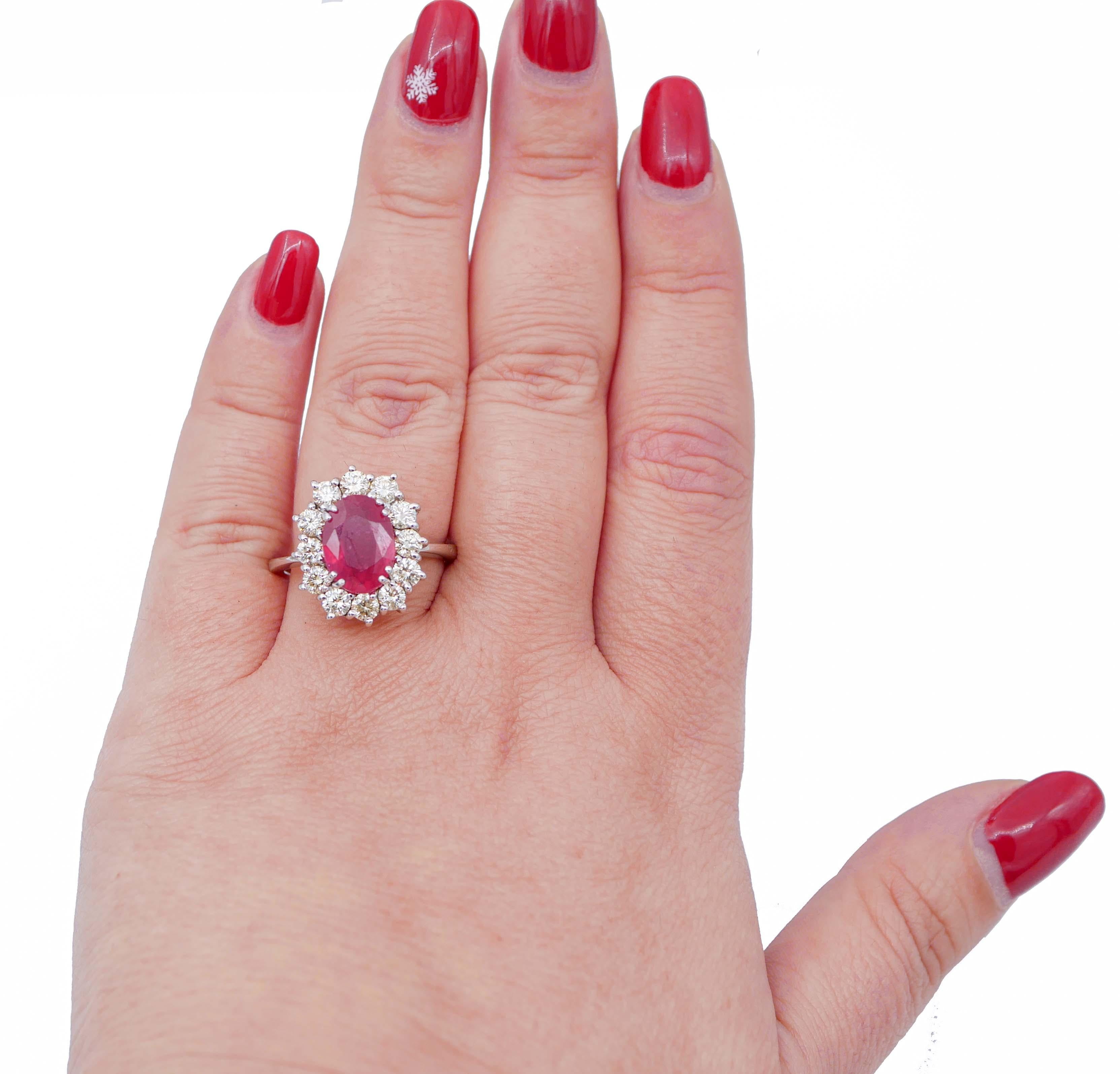 Mixed Cut Ruby, Diamonds, 14 Karat White Gold Ring For Sale
