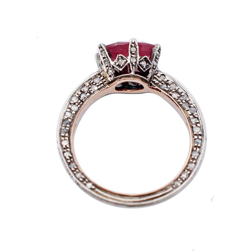 Retro Ruby, Diamonds, 9 Karat Rose Gold and Silver Ring For Sale