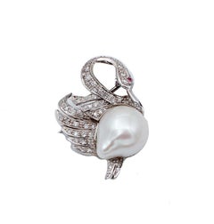 Ruby Diamonds Baroque Pearl, 14kt White Gold Swan Shaped Brooch/Pendant Necklace